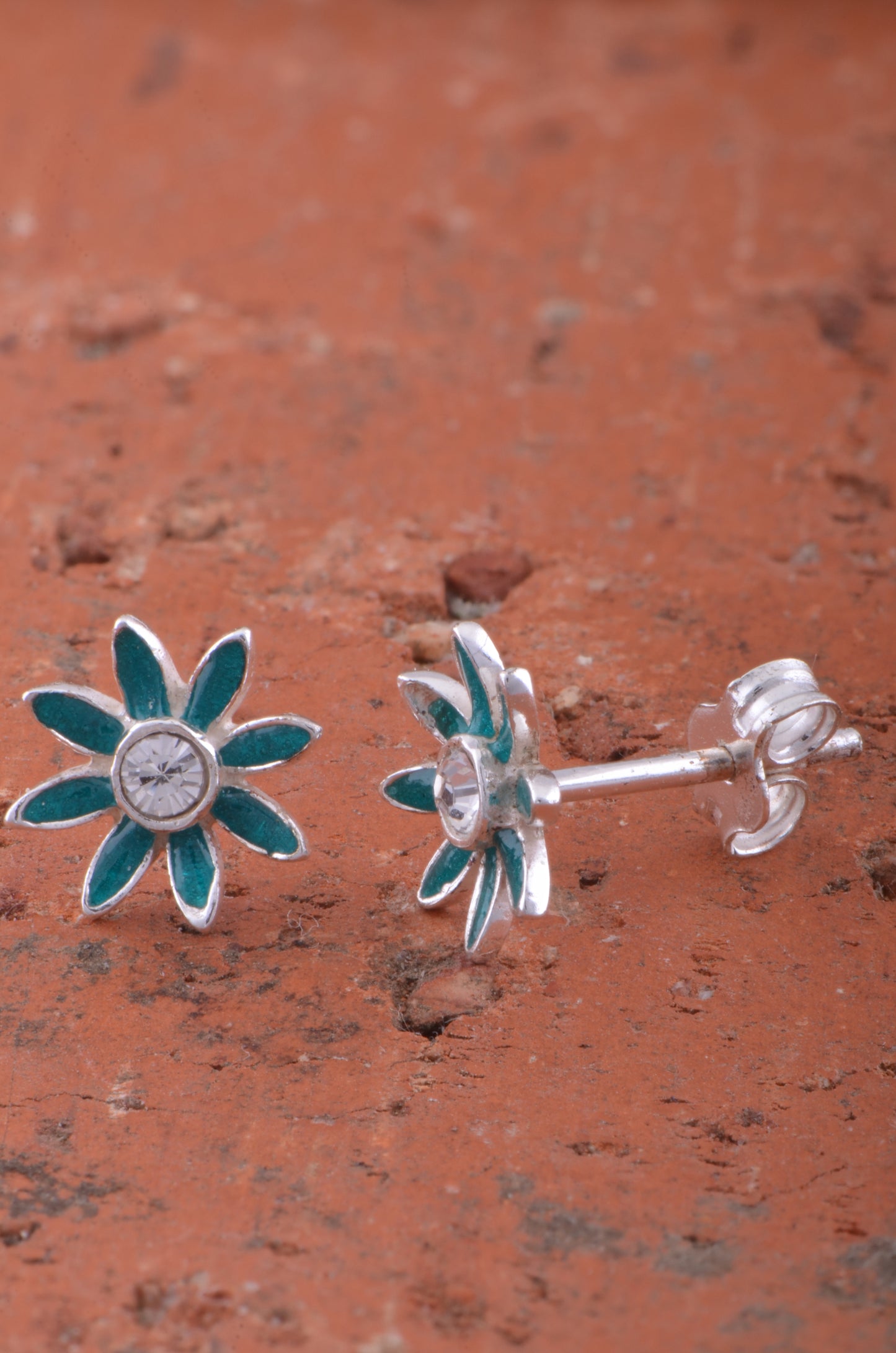 Sterling Silver Dainty Girls  Blue Carnation Flower Stud Earrings