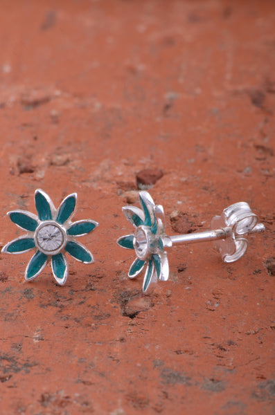 Sterling Silver Dainty Girls  Blue Carnation Flower Stud Earrings