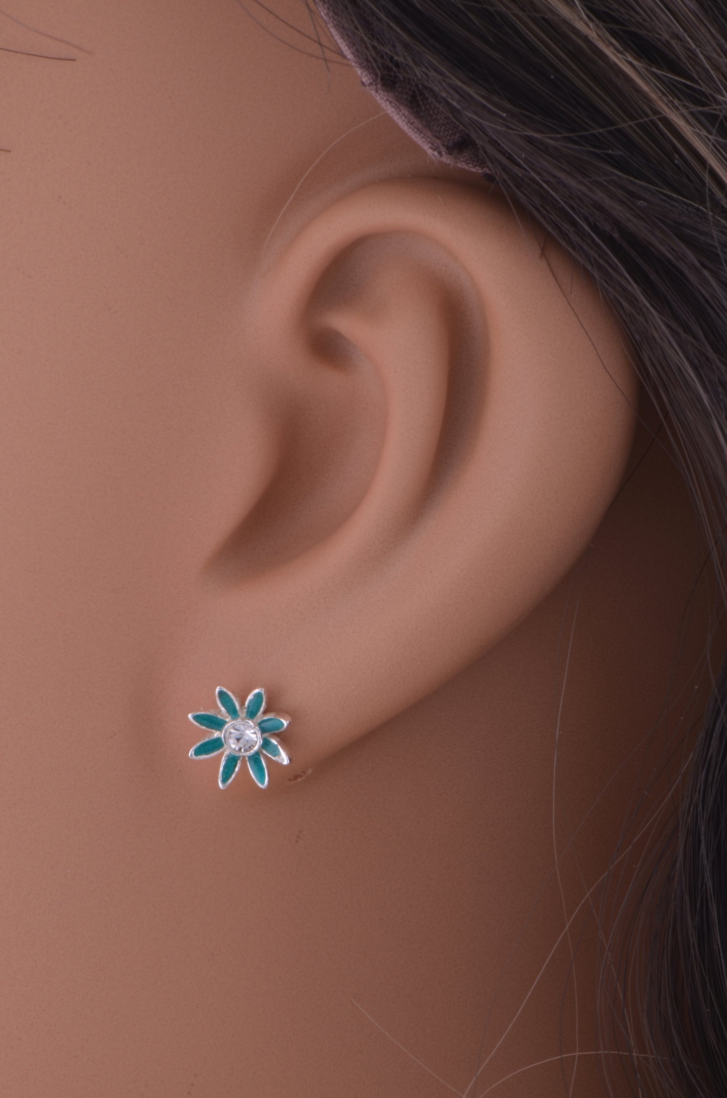 Sterling Silver Dainty Girls  Blue Carnation Flower Stud Earrings