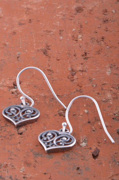 Sterling Silver Boho filigree Heart Dangle Earrings