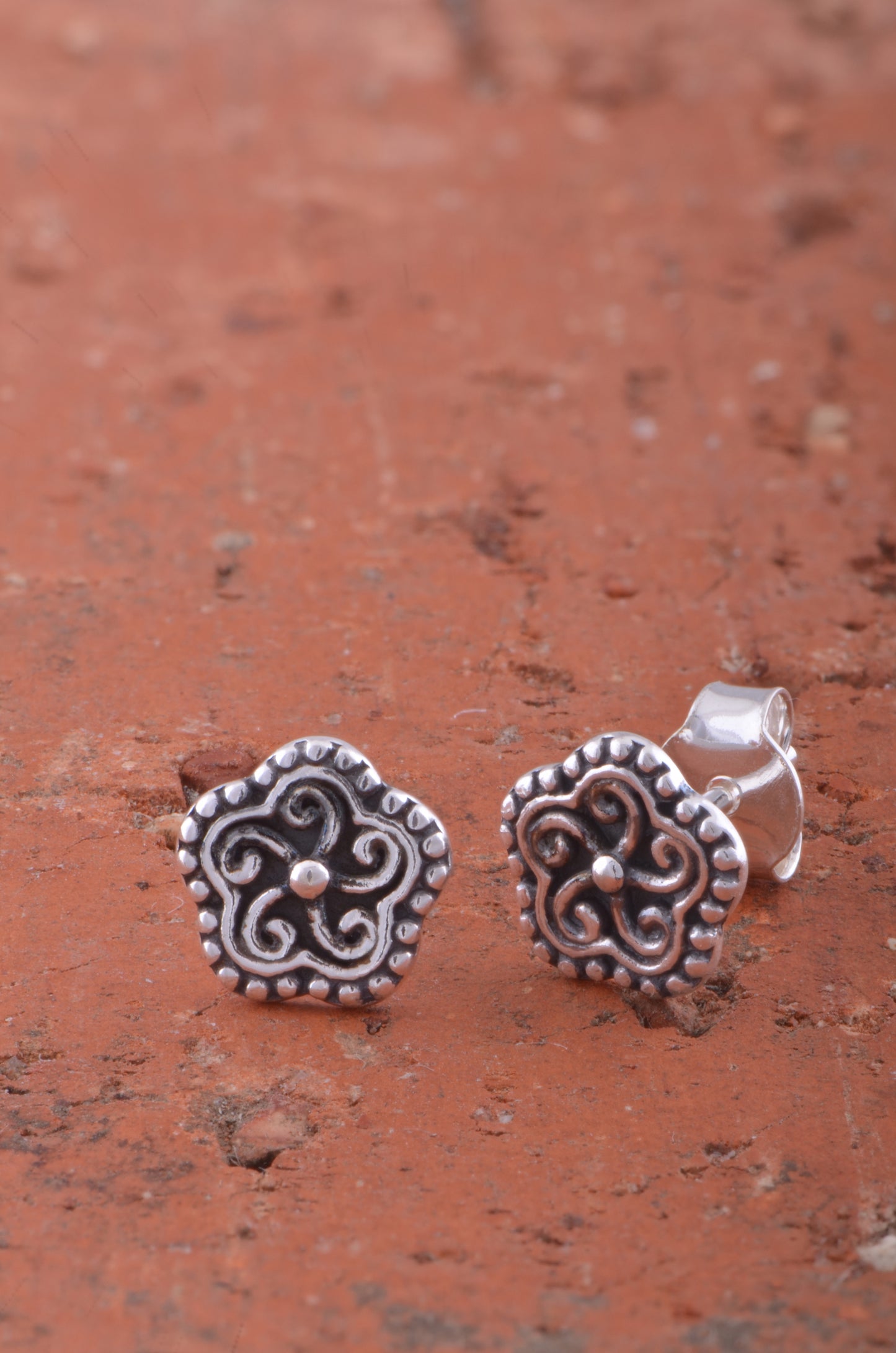 Sterling Silver Small Oxidized Plumeria Flower Stud Earrings 8mm