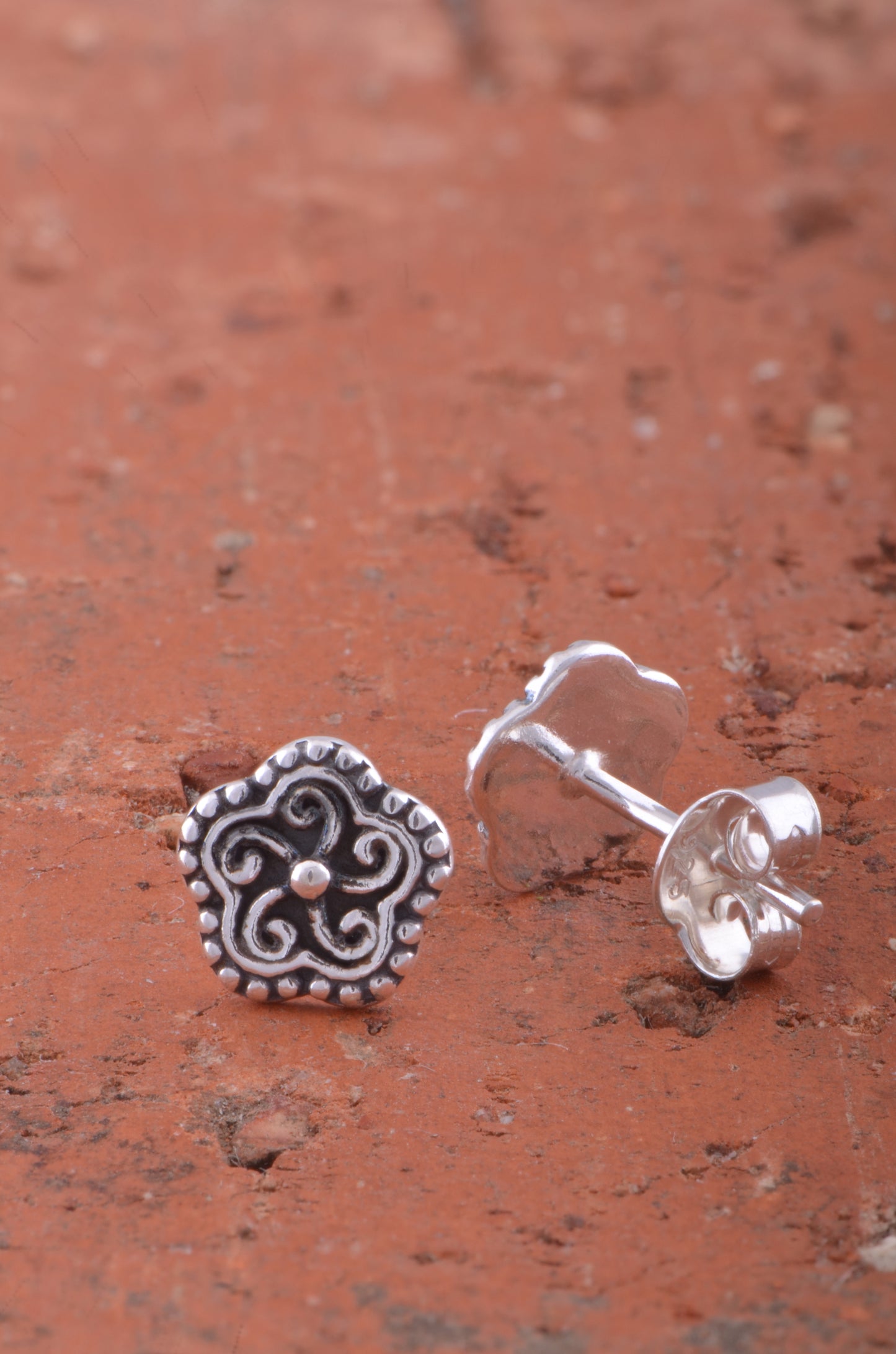 Sterling Silver Small Oxidized Plumeria Flower Stud Earrings 8mm