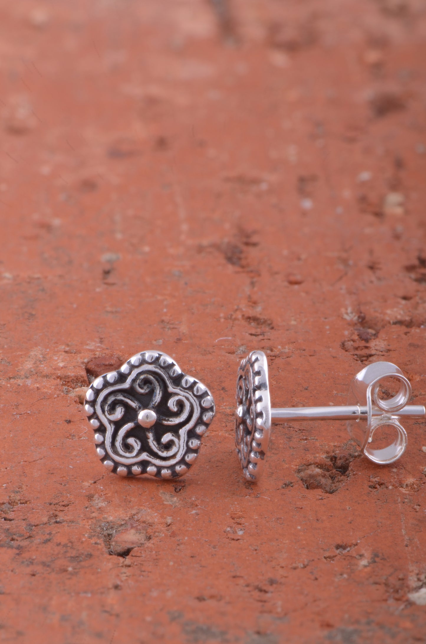 Sterling Silver Small Oxidized Plumeria Flower Stud Earrings 8mm