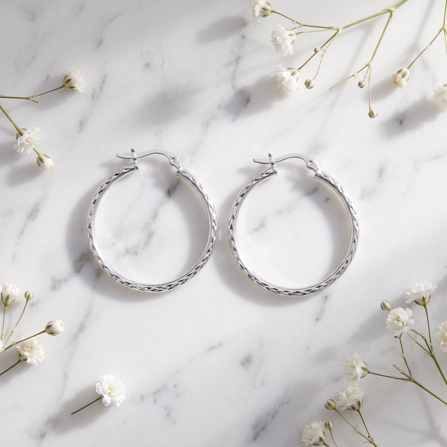 Sterling Silver 25mm Hoop Earrings for Women, 2mm Textured Endless Hoops, Everyday Jewelry Gift view 1