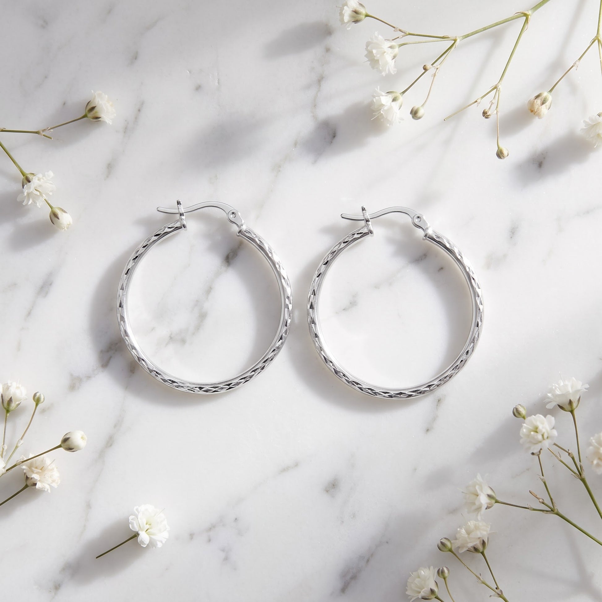 Sterling Silver 25mm Hoop Earrings for Women, 2mm Textured Endless Hoops, Everyday Jewelry Gift view 1