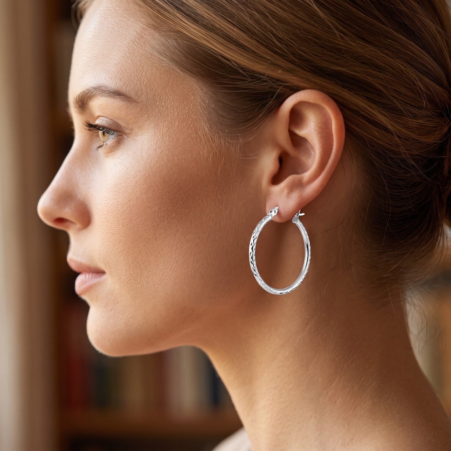 Sterling Silver 25mm Hoop Earrings for Women, 2mm Textured Endless Hoops, Everyday Jewelry Gift view 4