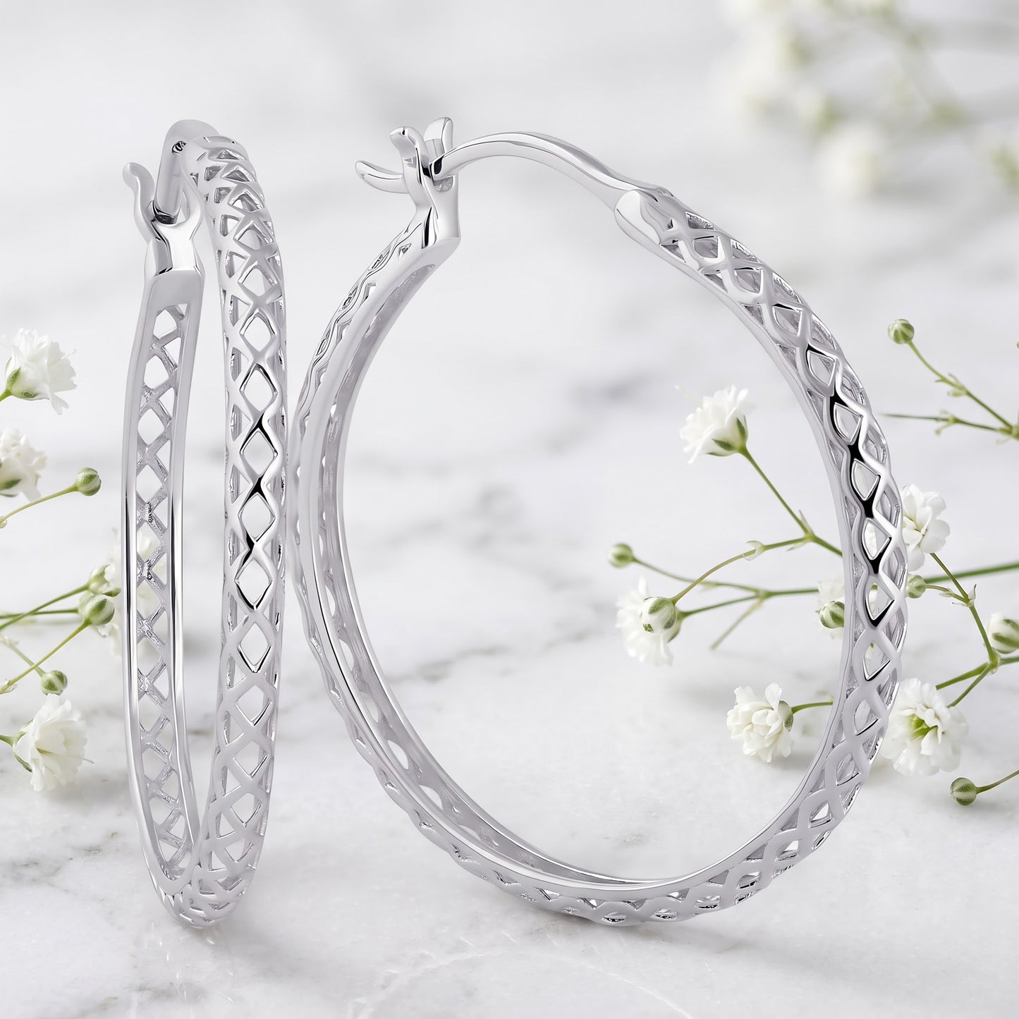 Sterling Silver 28mm Hoop Earrings for Women, 2.5mm Basket Endless Hoops, Everyday Jewelry Gift view 1