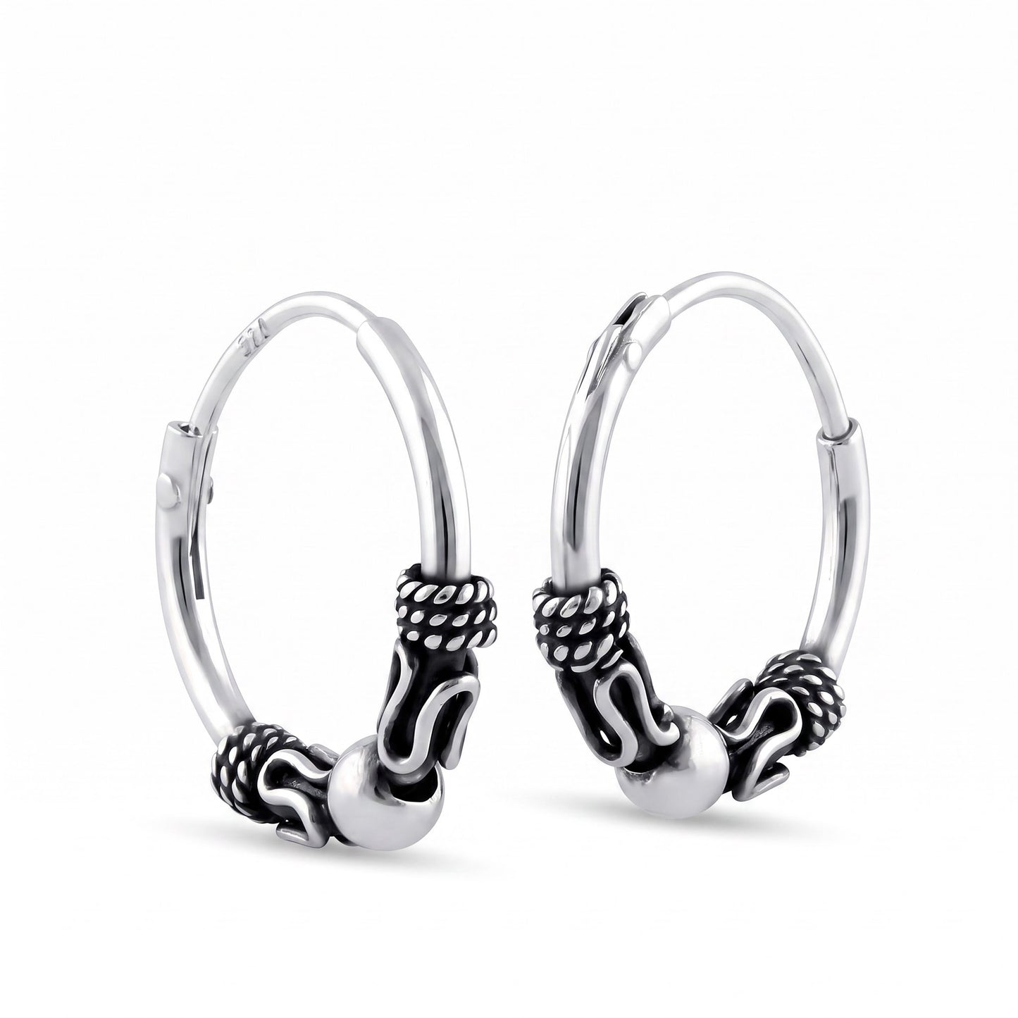Sterling Silver 14mm Hoop Earrings for Women, 2.5mm Bali Bead Endless Hoops, Everyday Jewelry Gift