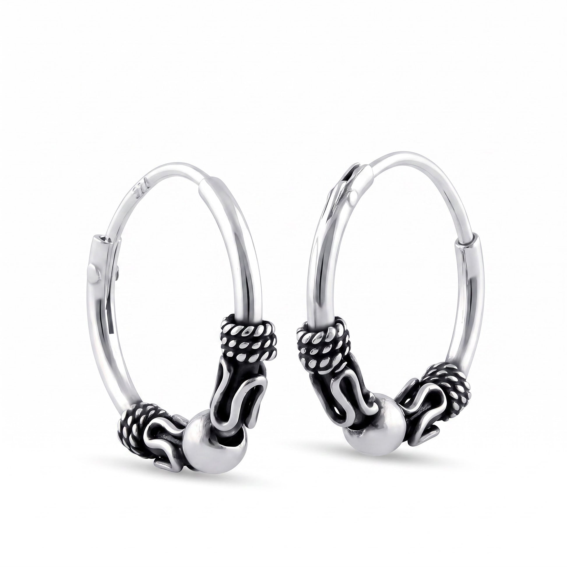 Sterling Silver 14mm Hoop Earrings for Women, 2.5mm Bali Bead Endless Hoops, Everyday Jewelry Gift