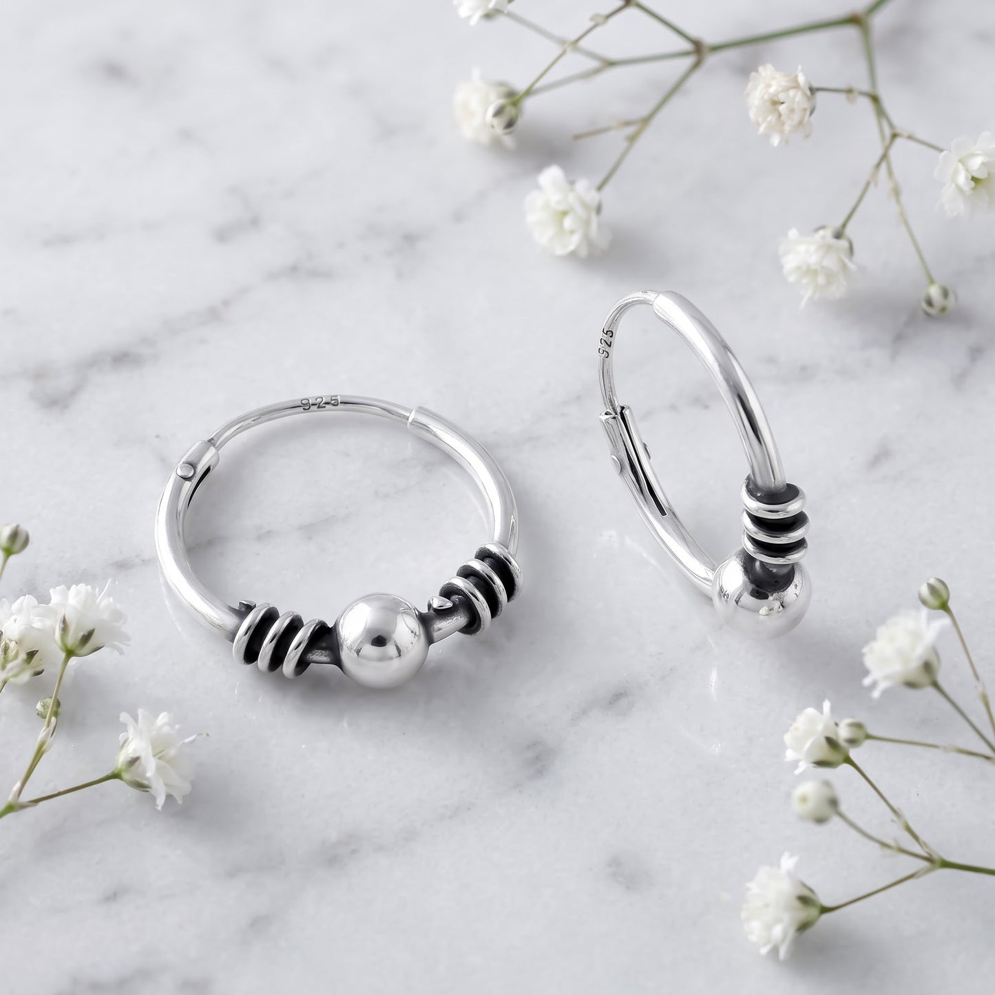 Sterling Silver 14mm Hoop Earrings for Women, 3.5mm Bali Bead Endless Hoops, Everyday Jewelry Gift view 1