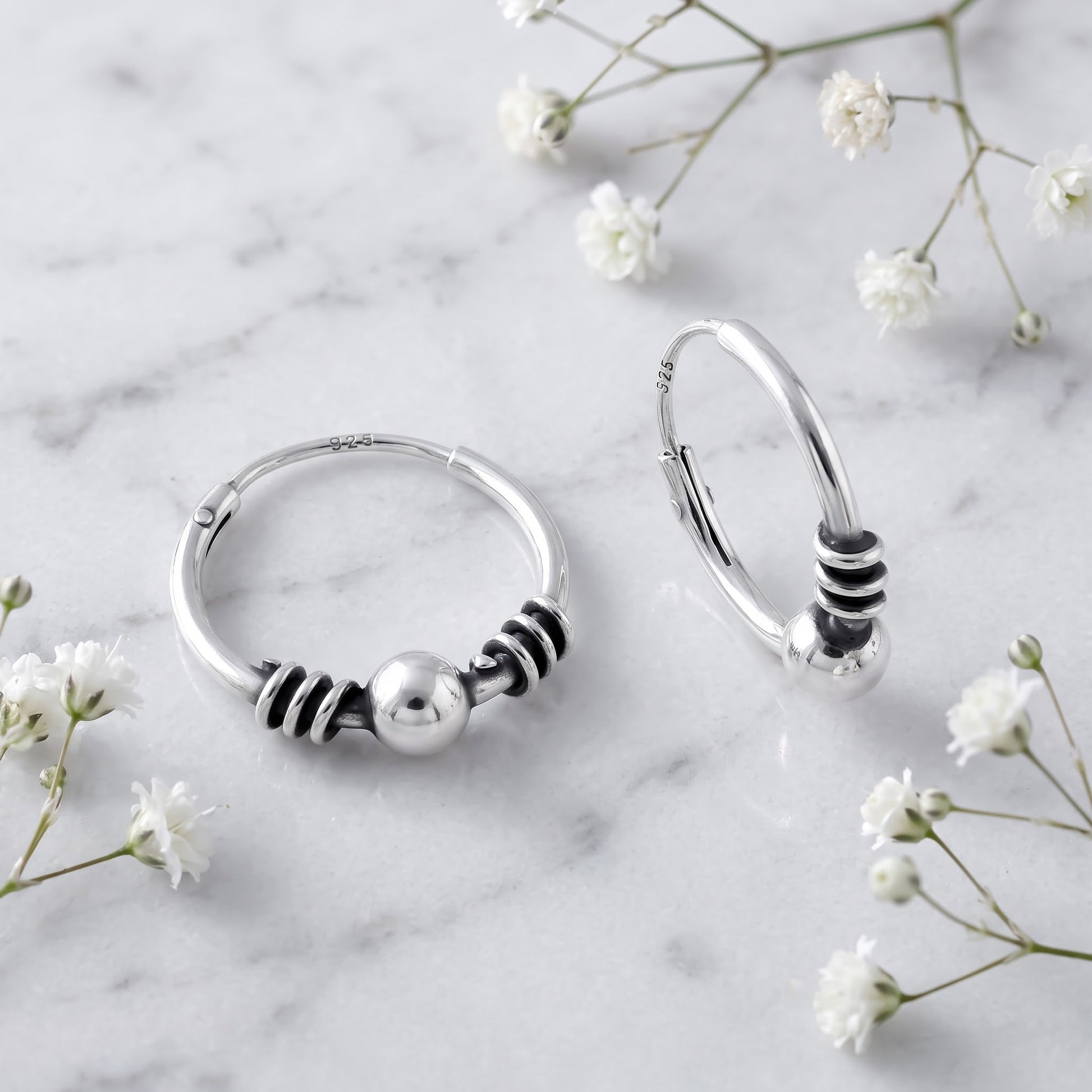 Sterling Silver 14mm Hoop Earrings for Women, 3.5mm Bali Bead Endless Hoops, Everyday Jewelry Gift view 1