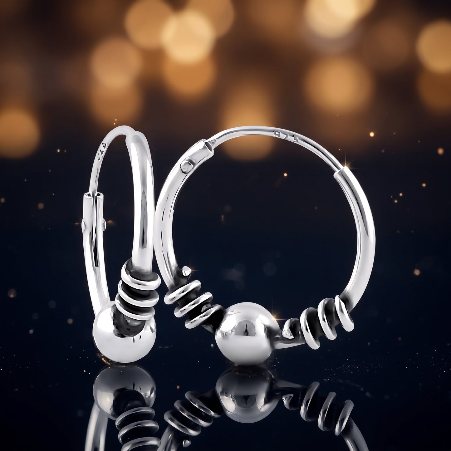 Sterling Silver 14mm Hoop Earrings for Women, 3.5mm Bali Bead Endless Hoops, Everyday Jewelry Gift view 3