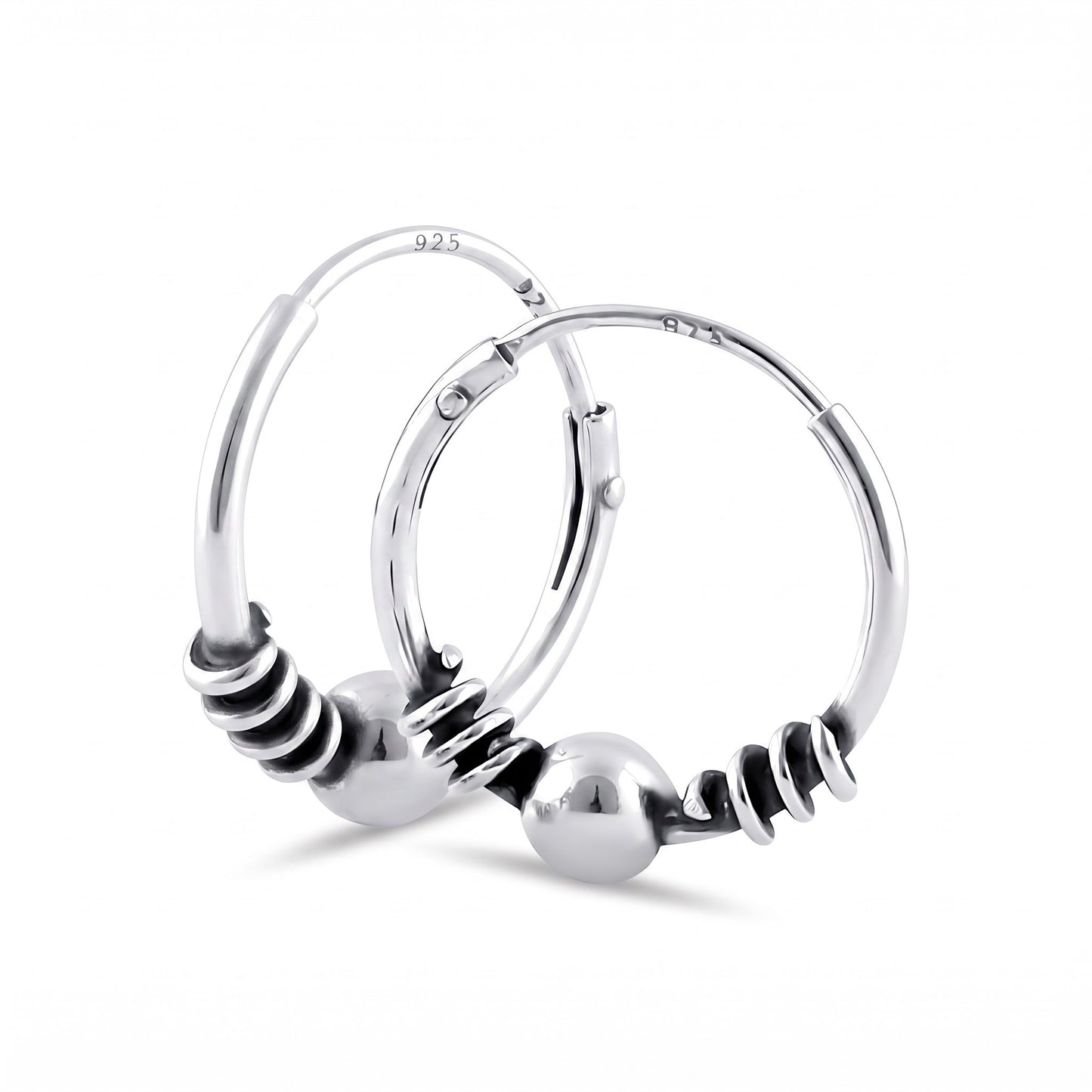 Sterling Silver 14mm Hoop Earrings for Women, 3.5mm Bali Bead Endless Hoops, Everyday Jewelry Gift