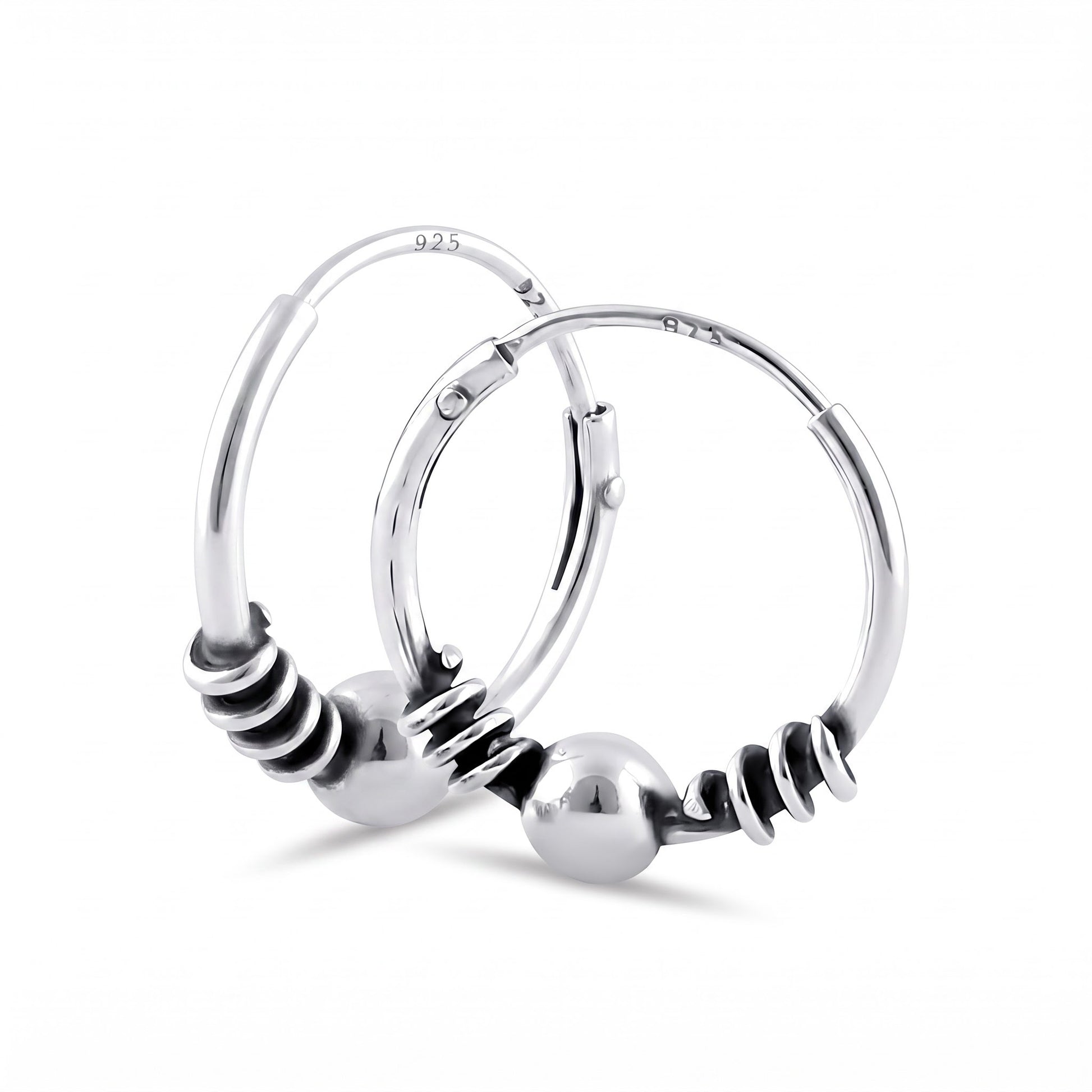 Sterling Silver 14mm Hoop Earrings for Women, 3.5mm Bali Bead Endless Hoops, Everyday Jewelry Gift