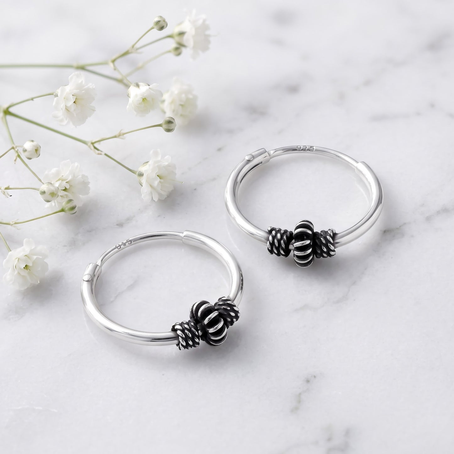 Sterling Silver 14mm Hoop Earrings for Women, 4.5mm Corrugated Bali Bead Endless Hoops, Everyday Jewelry Gift view 1