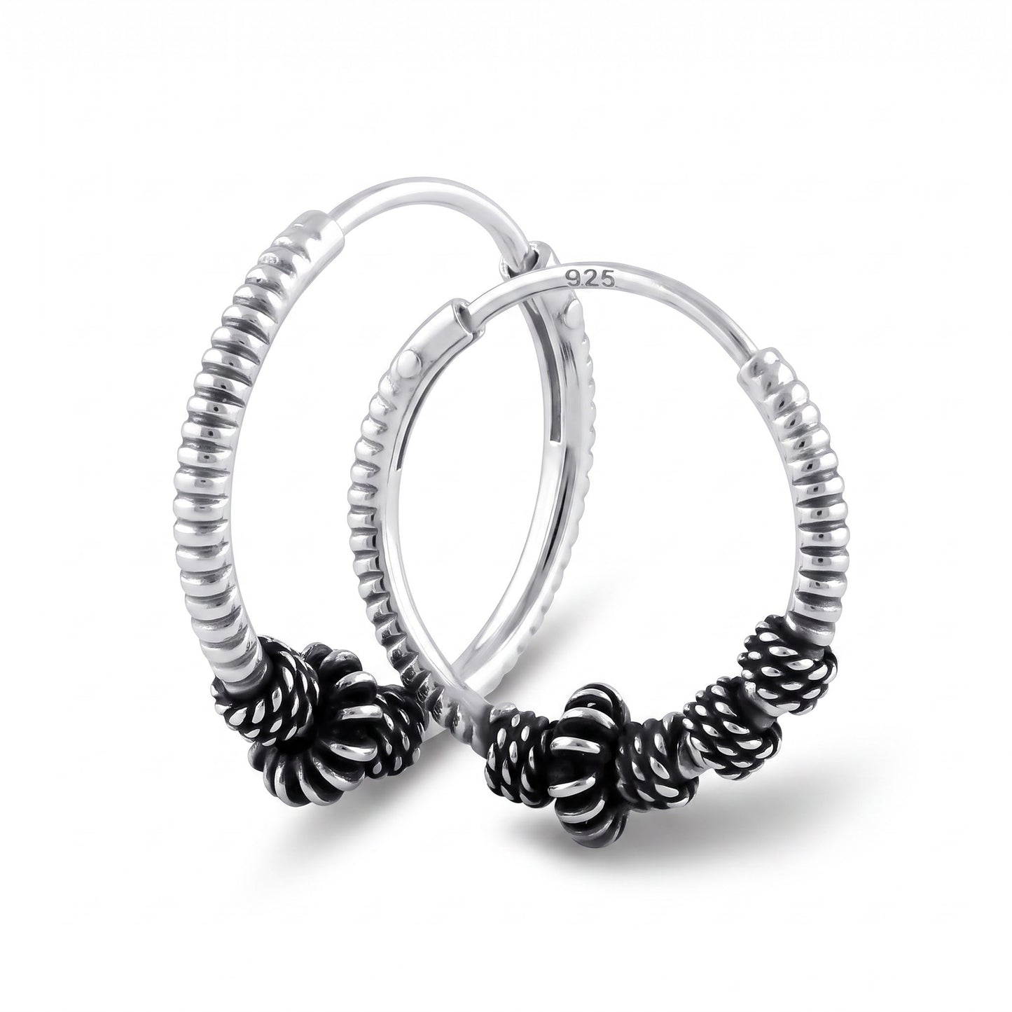 Sterling Silver 14mm Hoop Earrings for Women, 4.5mm Corrugated Bali Bead Endless Hoops, Everyday Jewelry Gift