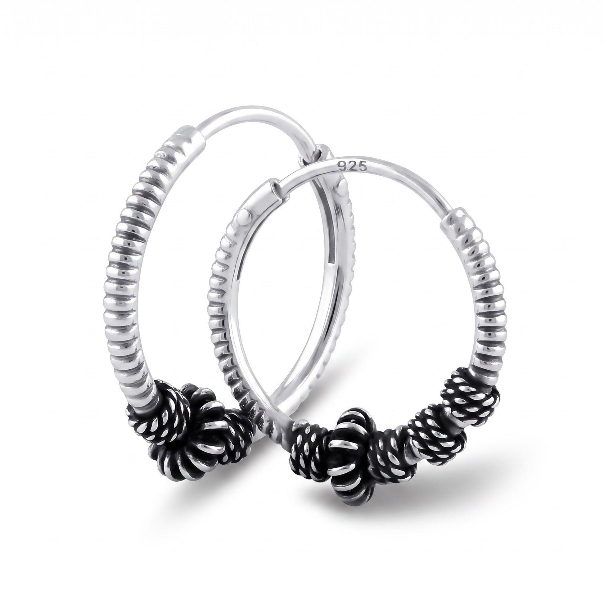 Sterling Silver 14mm Hoop Earrings for Women, 4.5mm Corrugated Bali Bead Endless Hoops, Everyday Jewelry Gift