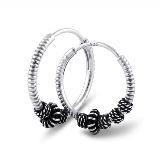 Sterling Silver 14mm Hoop Earrings for Women, 4.5mm Corrugated Bali Bead Endless Hoops, Everyday Jewelry Gift