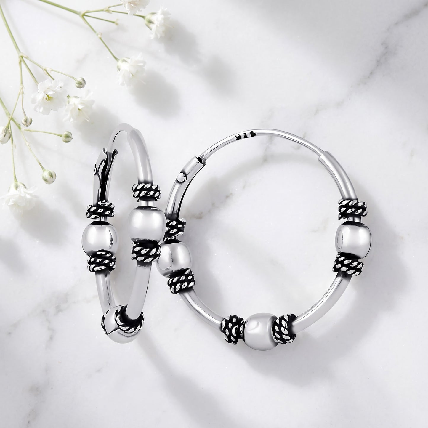 Sterling Silver 17mm Hoop Earrings for Women, 1.2mm Bali Rope and Bead Endless Hoops, Everyday Jewelry Gift view 1