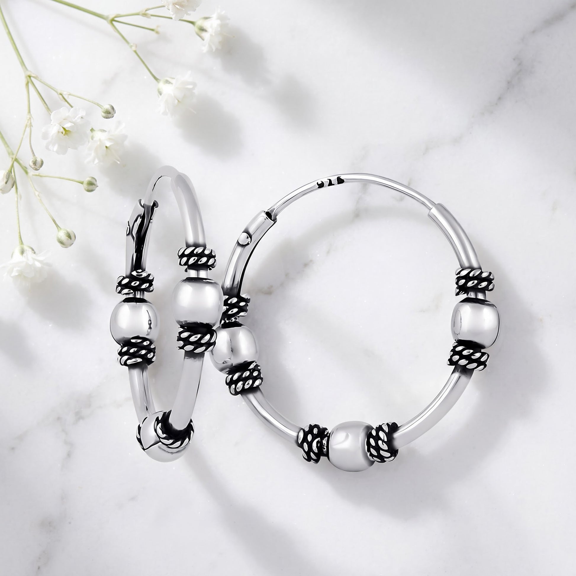Sterling Silver 17mm Hoop Earrings for Women, 1.2mm Bali Rope and Bead Endless Hoops, Everyday Jewelry Gift view 1