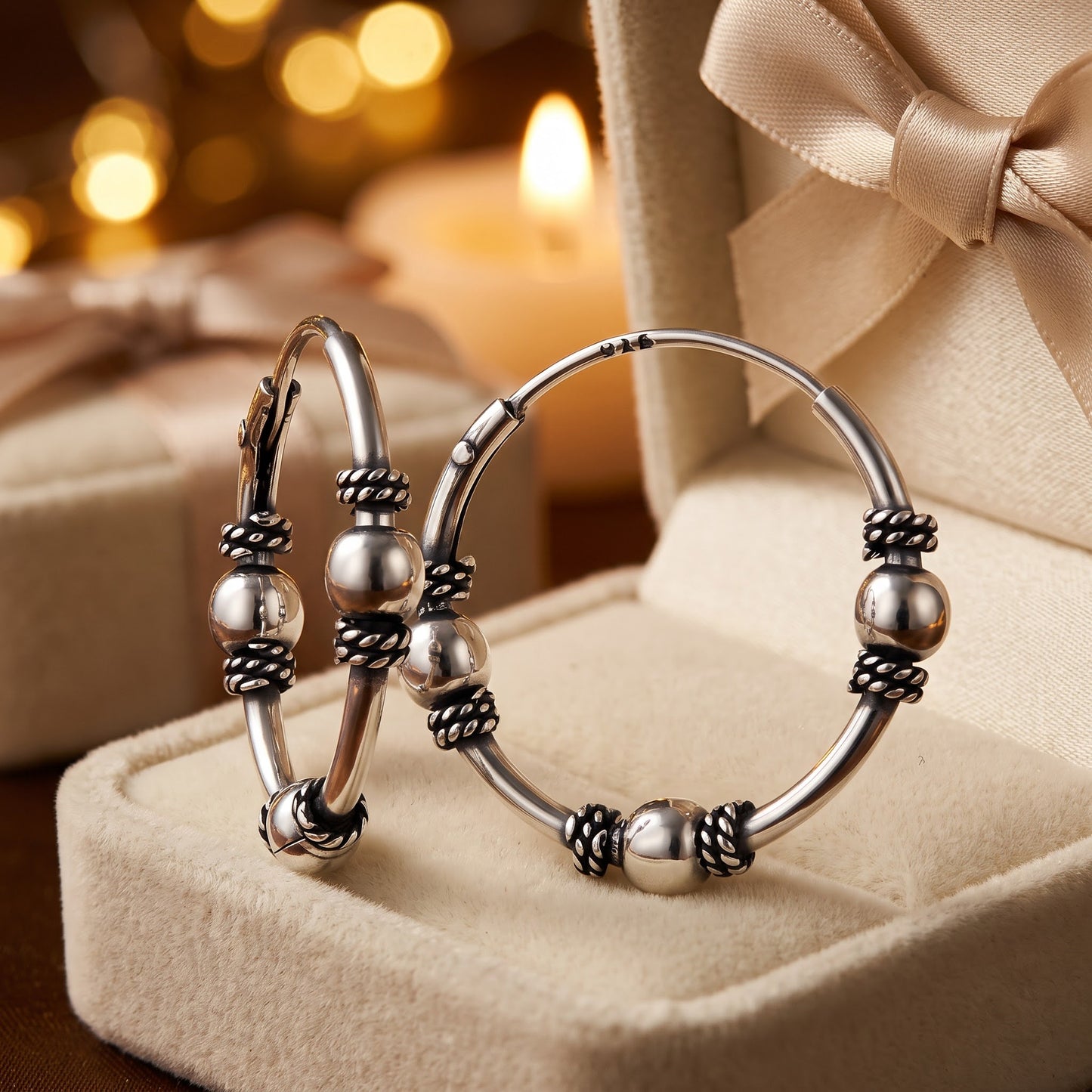 Sterling Silver 17mm Hoop Earrings for Women, 1.2mm Bali Rope and Bead Endless Hoops, Everyday Jewelry Gift view 2