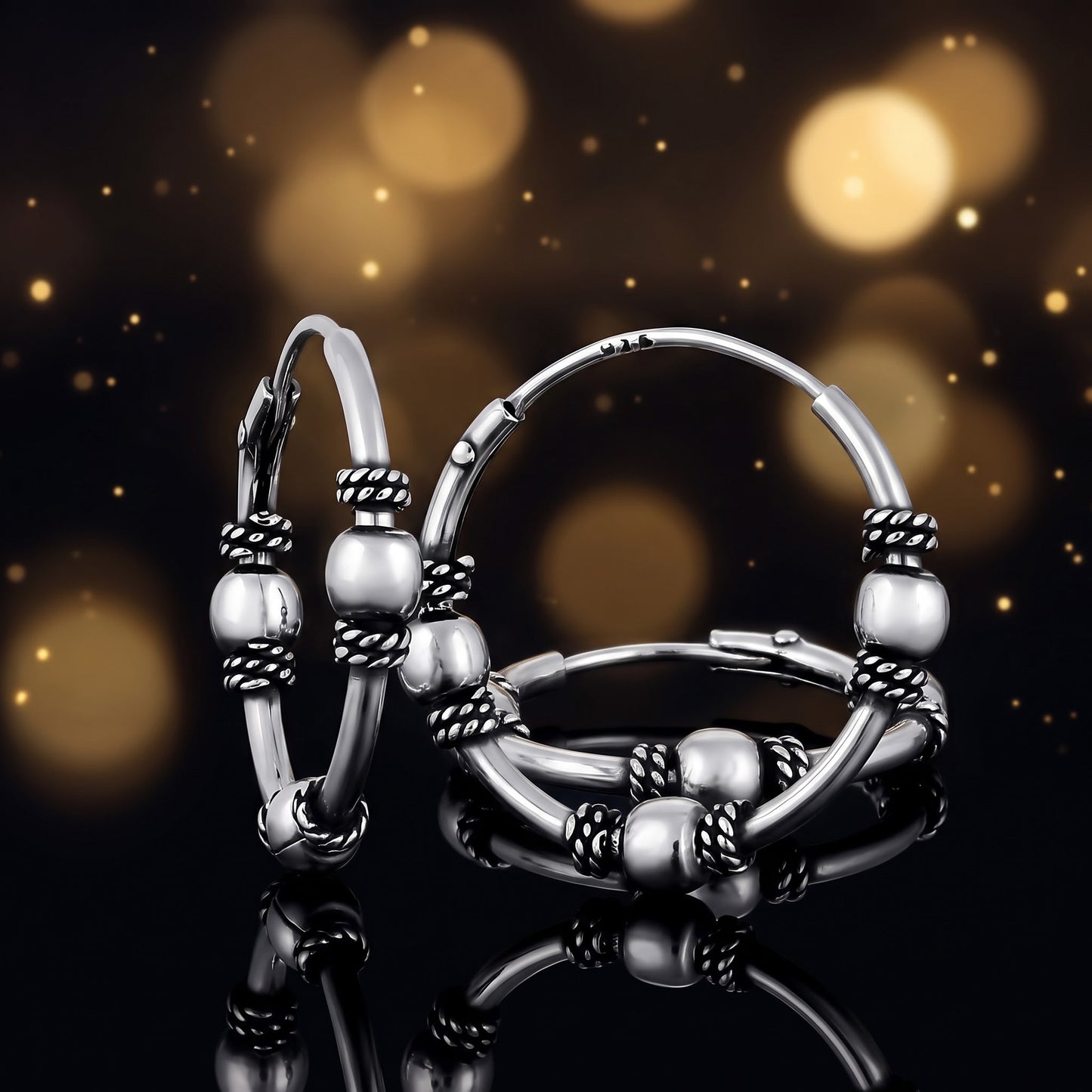 Sterling Silver 17mm Hoop Earrings for Women, 1.2mm Bali Rope and Bead Endless Hoops, Everyday Jewelry Gift view 3