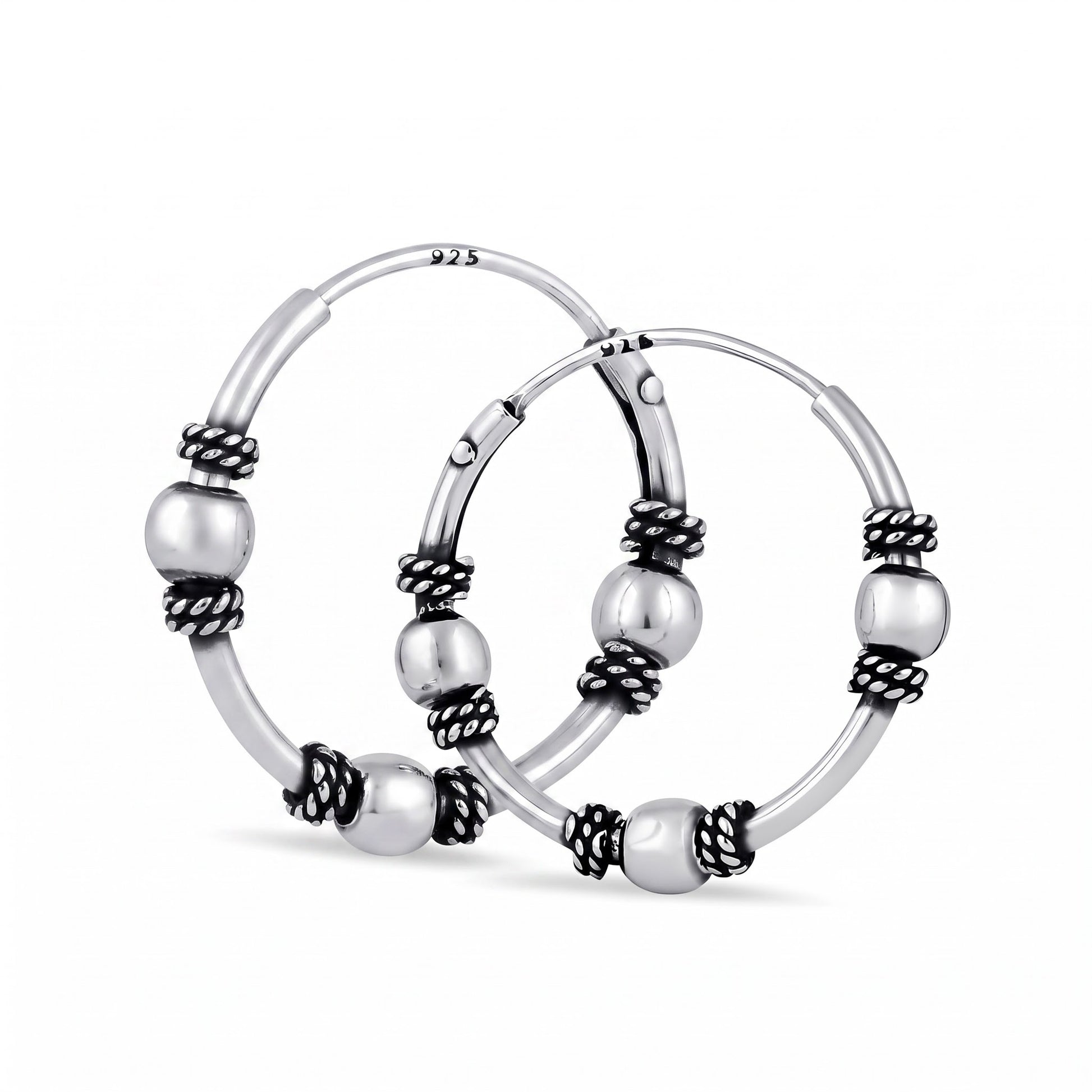 Sterling Silver 17mm Hoop Earrings for Women, 1.2mm Bali Rope and Bead Endless Hoops, Everyday Jewelry Gift