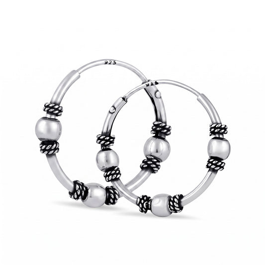 Sterling Silver 17mm Hoop Earrings for Women, 1.2mm Bali Rope and Bead Endless Hoops, Everyday Jewelry Gift
