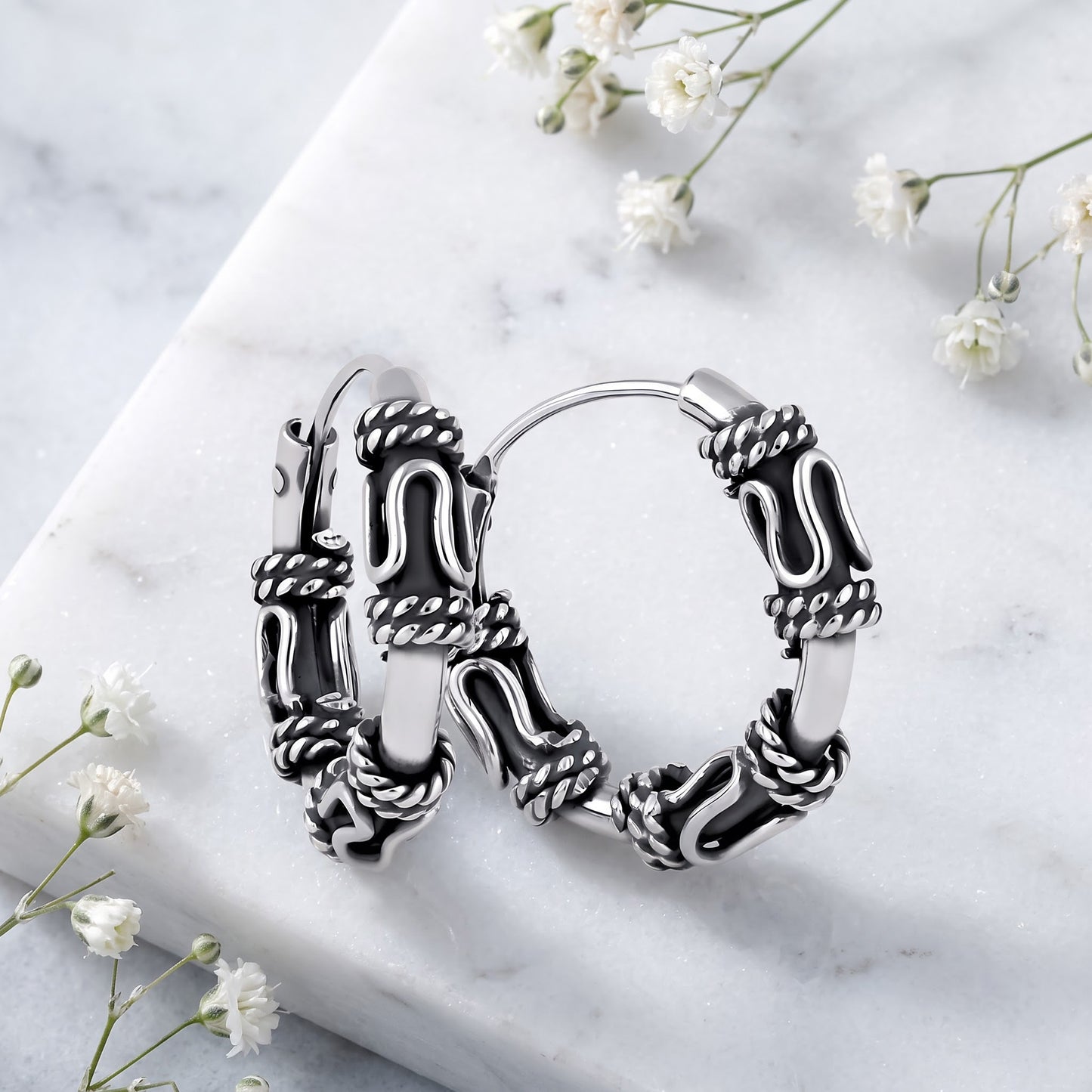 Sterling Silver Bali Rope and Swirl Hoop Earrings for Women, Sterling Hoops, Dainty Everyday Jewelry Gift view 1