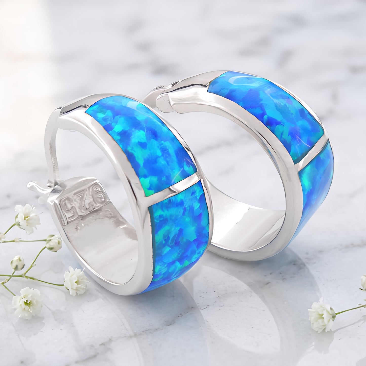 Sterling Silver Wide Lab Opal Loop Earrings Hoop Earrings for Women with CZ, Sterling Hoops, Dainty Everyday Jewelry Gift view 1
