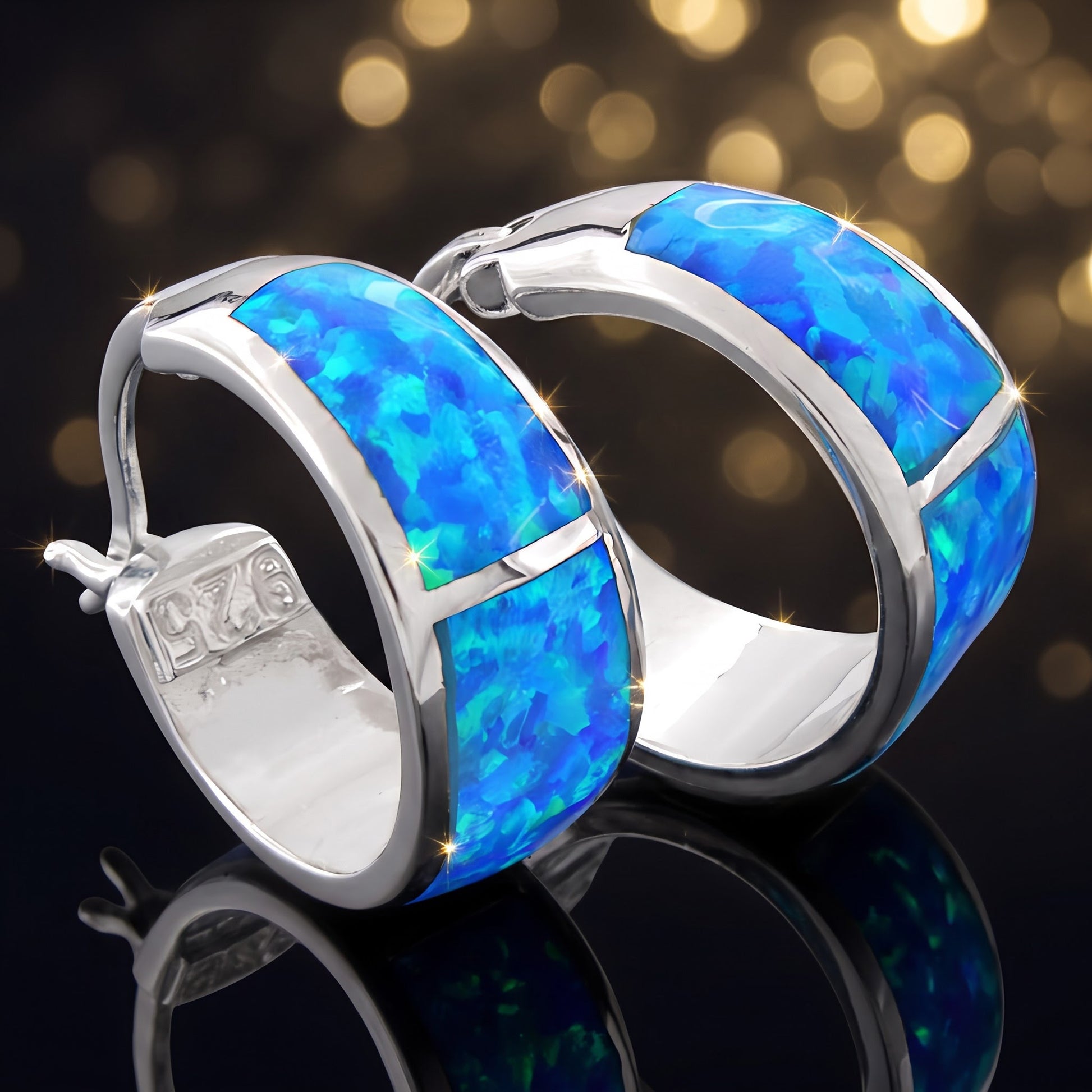 Sterling Silver Wide Lab Opal Loop Earrings Hoop Earrings for Women with CZ, Sterling Hoops, Dainty Everyday Jewelry Gift view 3