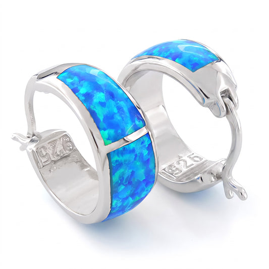 Sterling Silver Wide Lab Opal Loop Earrings Hoop Earrings for Women with CZ, Sterling Hoops, Dainty Everyday Jewelry Gift