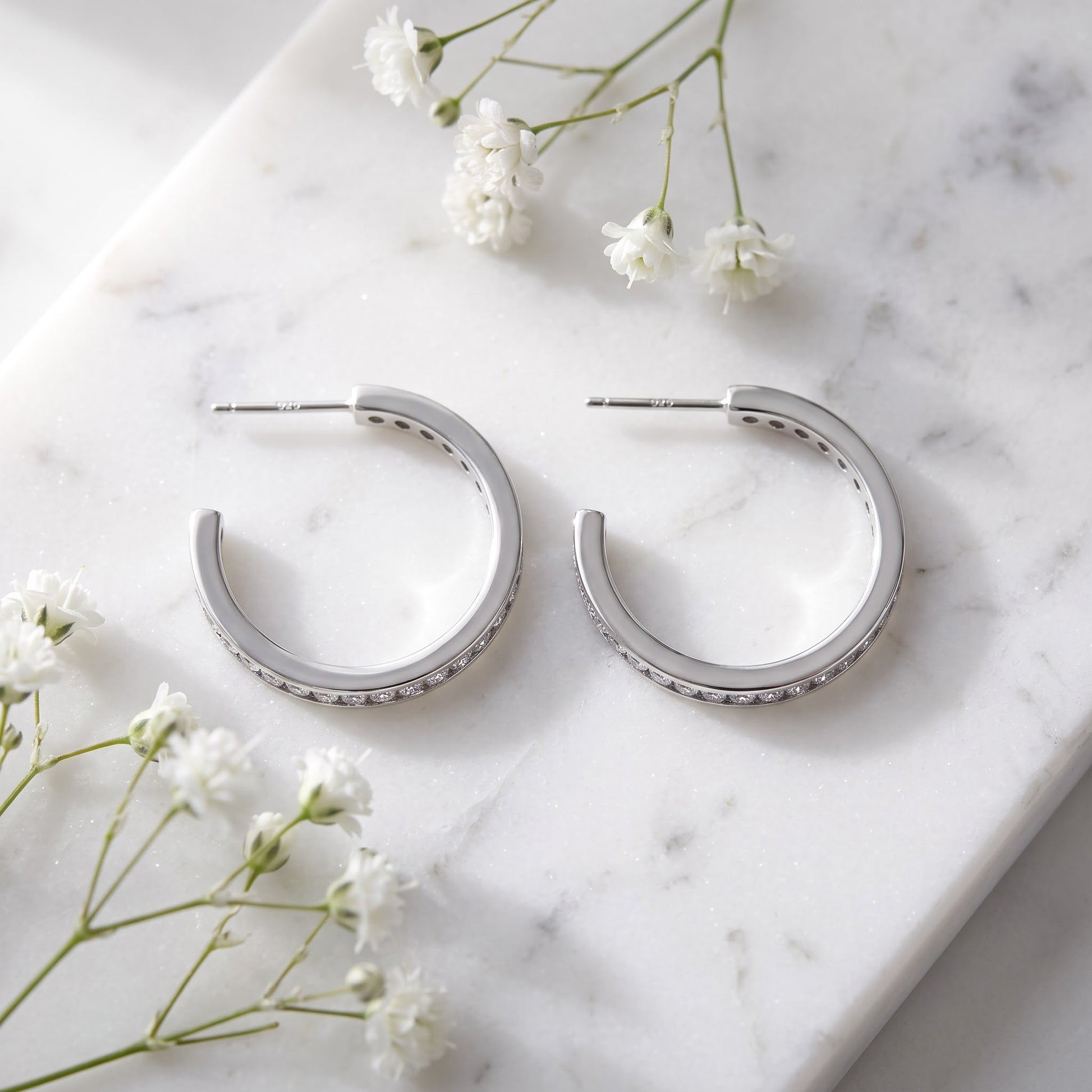 Sterling Silver Modern Clear CZ Earrings Hoop Earrings for Women with CZ, Sterling Hoops, Dainty Everyday Jewelry Gift view 1
