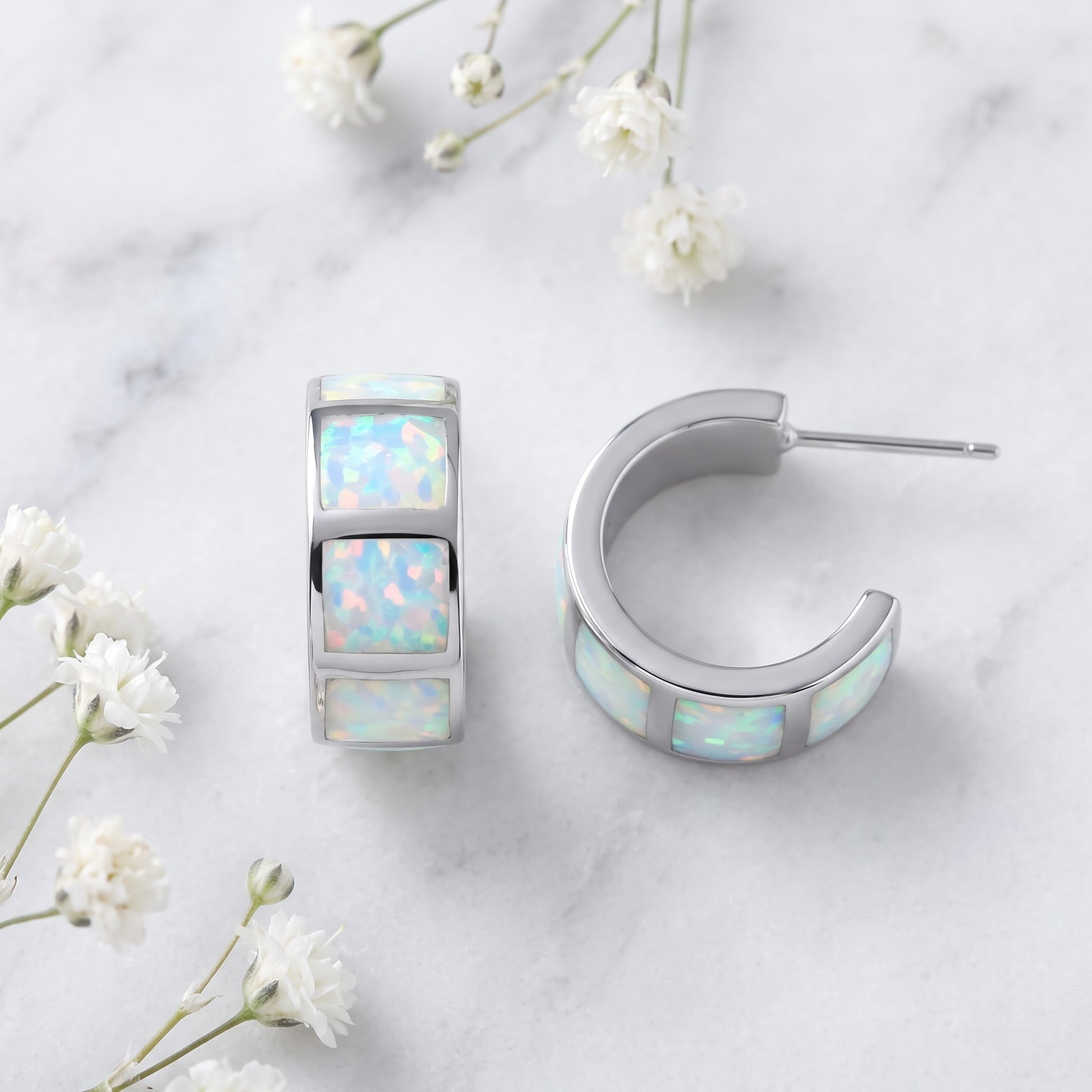 Sterling Silver White Lab Opal Hoop Earrings for Women with CZ, Sterling Hoops, Dainty Everyday Jewelry Gift view 1