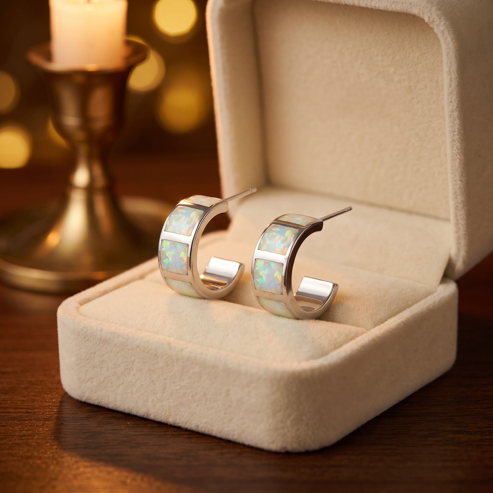Sterling Silver White Lab Opal Hoop Earrings for Women with CZ, Sterling Hoops, Dainty Everyday Jewelry Gift view 2