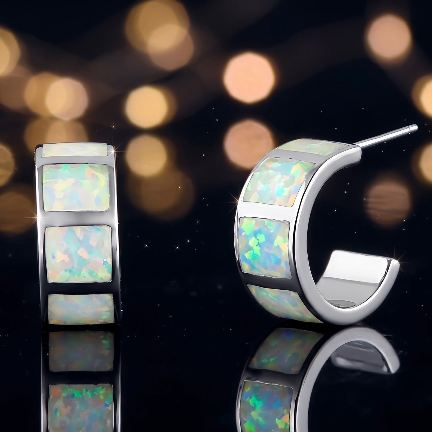 Sterling Silver White Lab Opal Hoop Earrings for Women with CZ, Sterling Hoops, Dainty Everyday Jewelry Gift view 3