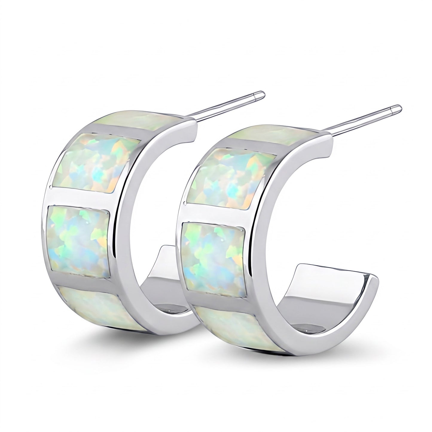 Sterling Silver White Lab Opal Hoop Earrings for Women with CZ, Sterling Hoops, Dainty Everyday Jewelry Gift