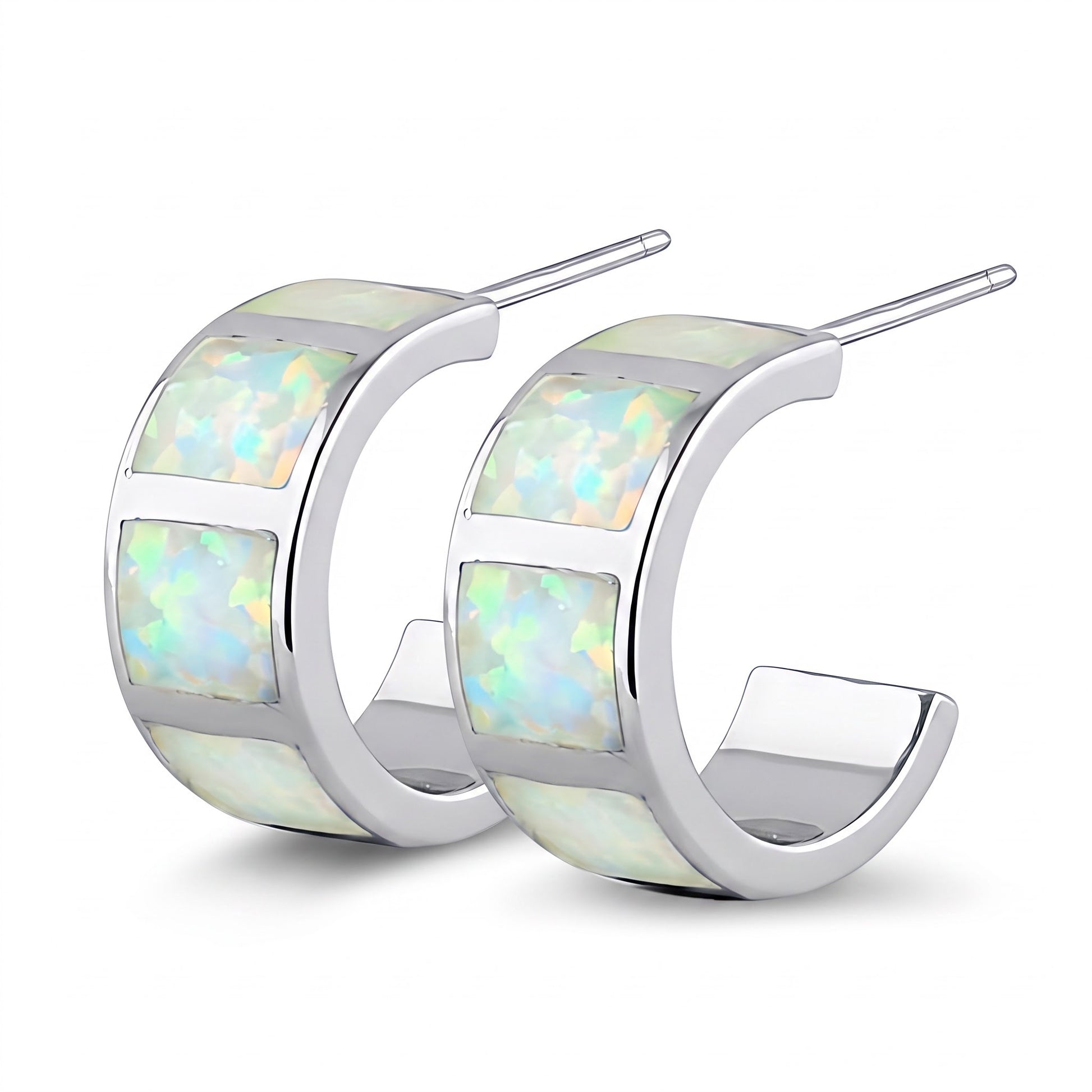 Sterling Silver White Lab Opal Hoop Earrings for Women with CZ, Sterling Hoops, Dainty Everyday Jewelry Gift