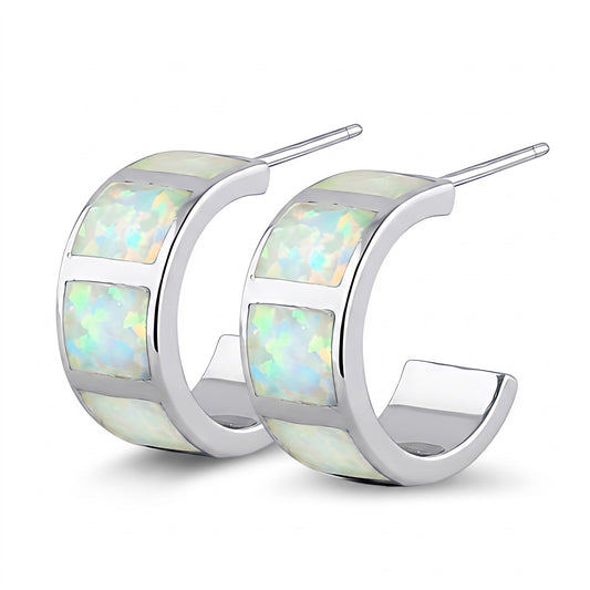 Sterling Silver White Lab Opal Hoop Earrings for Women with CZ, Sterling Hoops, Dainty Everyday Jewelry Gift