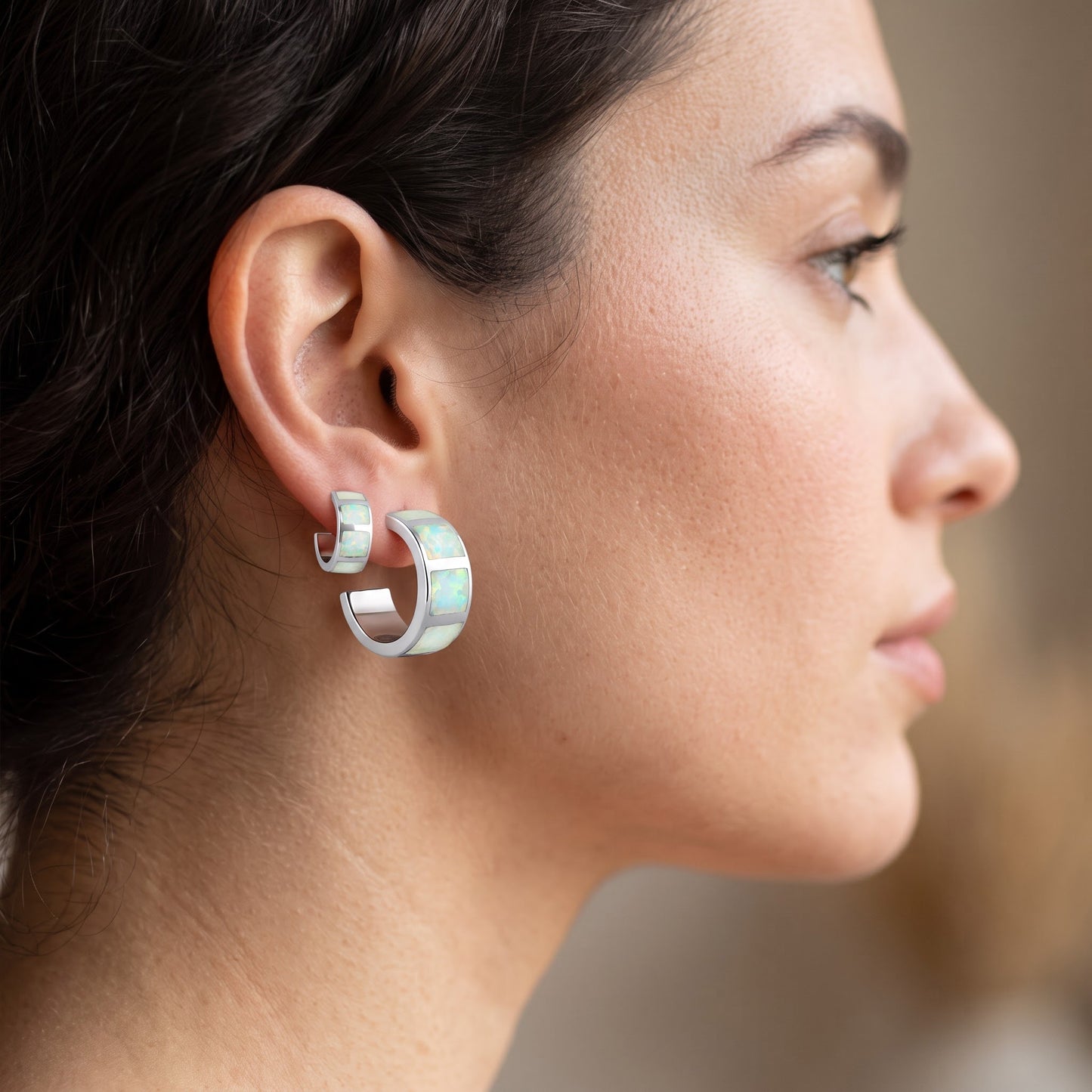 Sterling Silver White Lab Opal Hoop Earrings for Women with CZ, Sterling Hoops, Dainty Everyday Jewelry Gift view 4