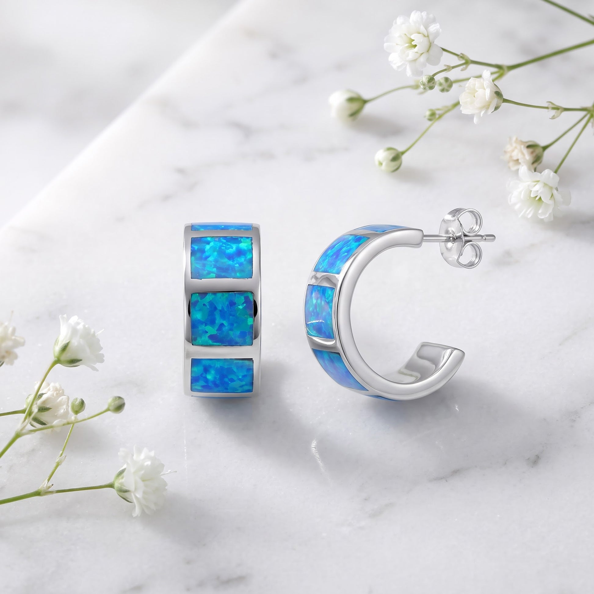 Sterling Silver Blue Lab Opal Hoop Earrings for Women with CZ, Sterling Hoops, Dainty Everyday Jewelry Gift view 1