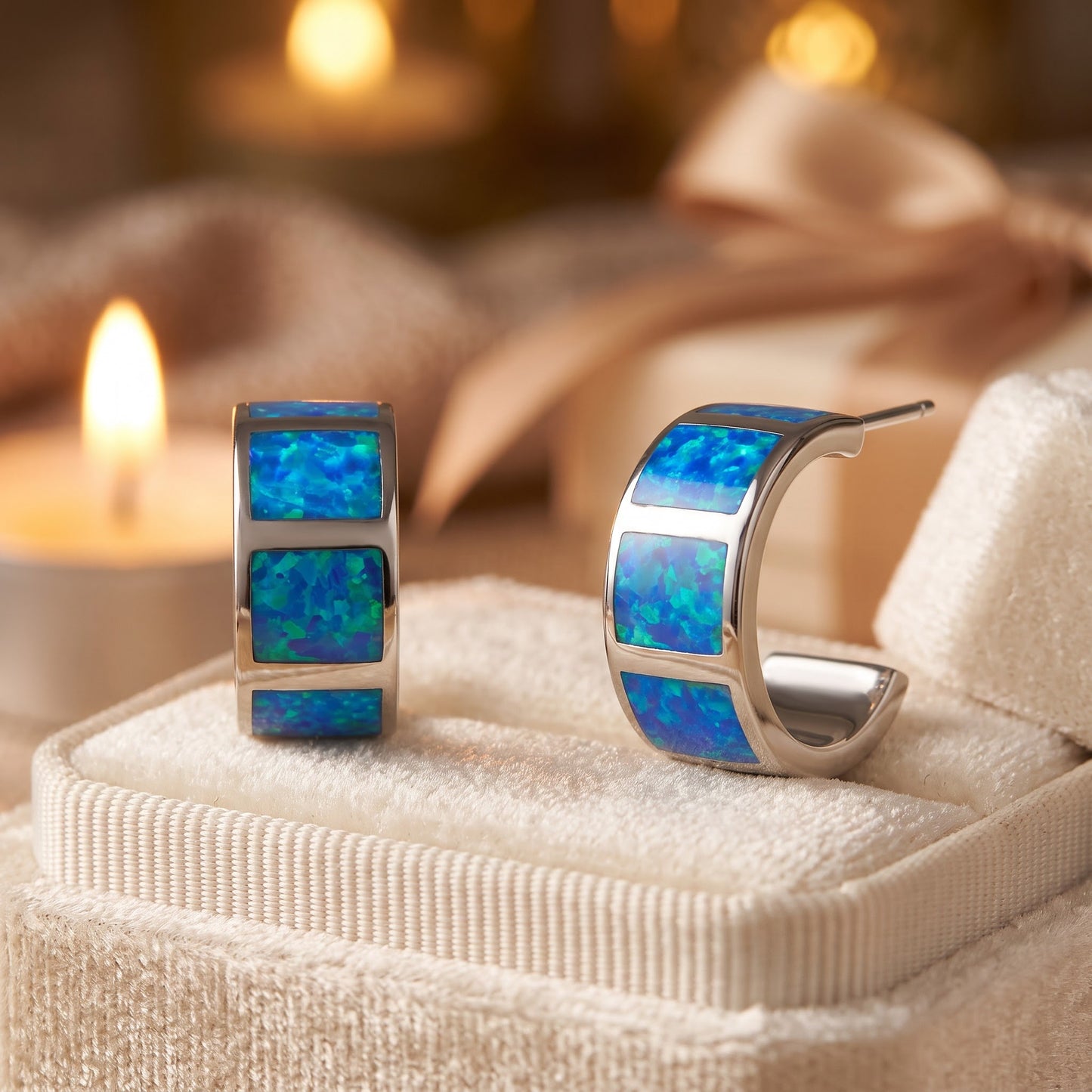 Sterling Silver Blue Lab Opal Hoop Earrings for Women with CZ, Sterling Hoops, Dainty Everyday Jewelry Gift view 2