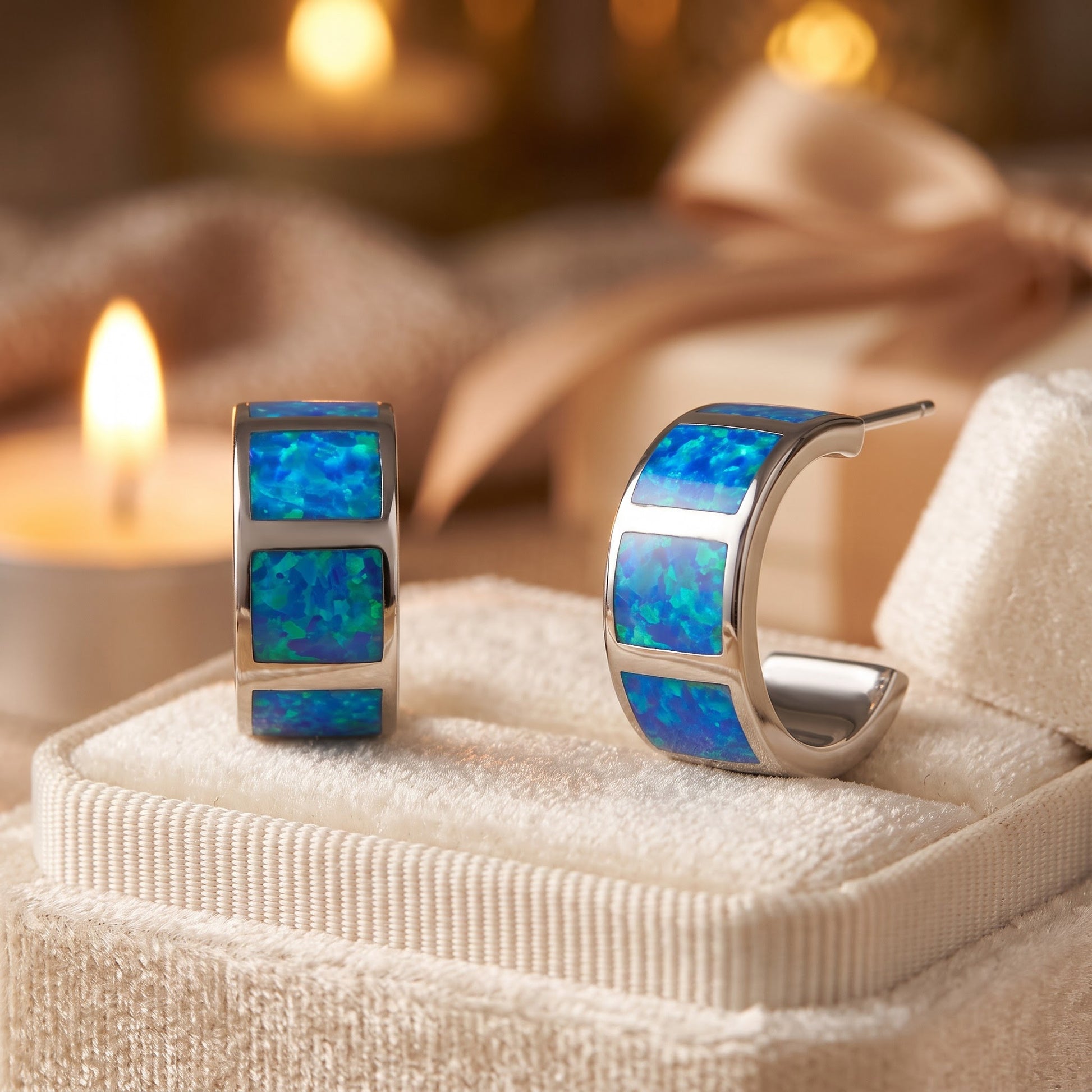 Sterling Silver Blue Lab Opal Hoop Earrings for Women with CZ, Sterling Hoops, Dainty Everyday Jewelry Gift view 2