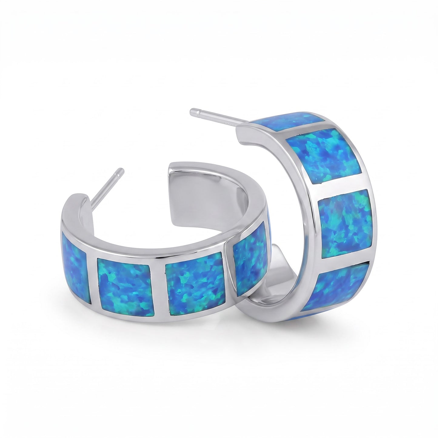 Sterling Silver Blue Lab Opal Hoop Earrings for Women with CZ, Sterling Hoops, Dainty Everyday Jewelry Gift