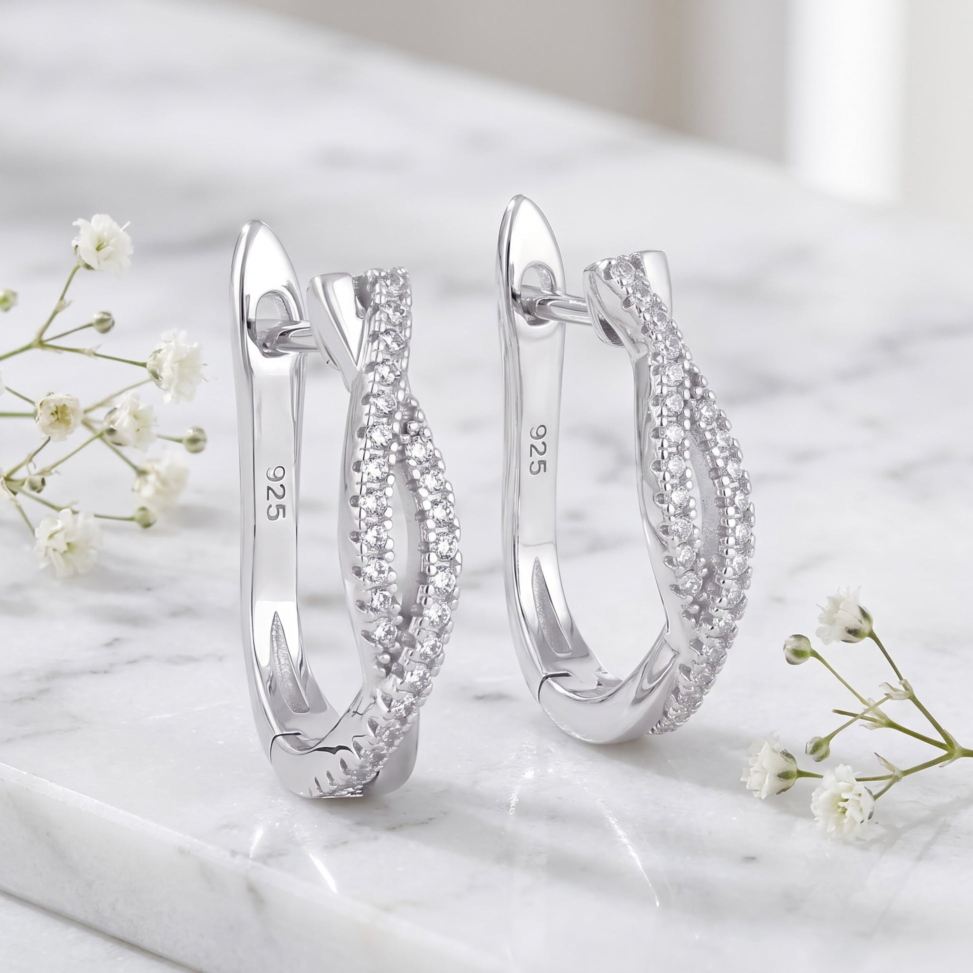 Sterling Silver Clear CZ Twist Hoop Earrings for Women with CZ, Sterling Hoops, Dainty Everyday Jewelry Gift view 1