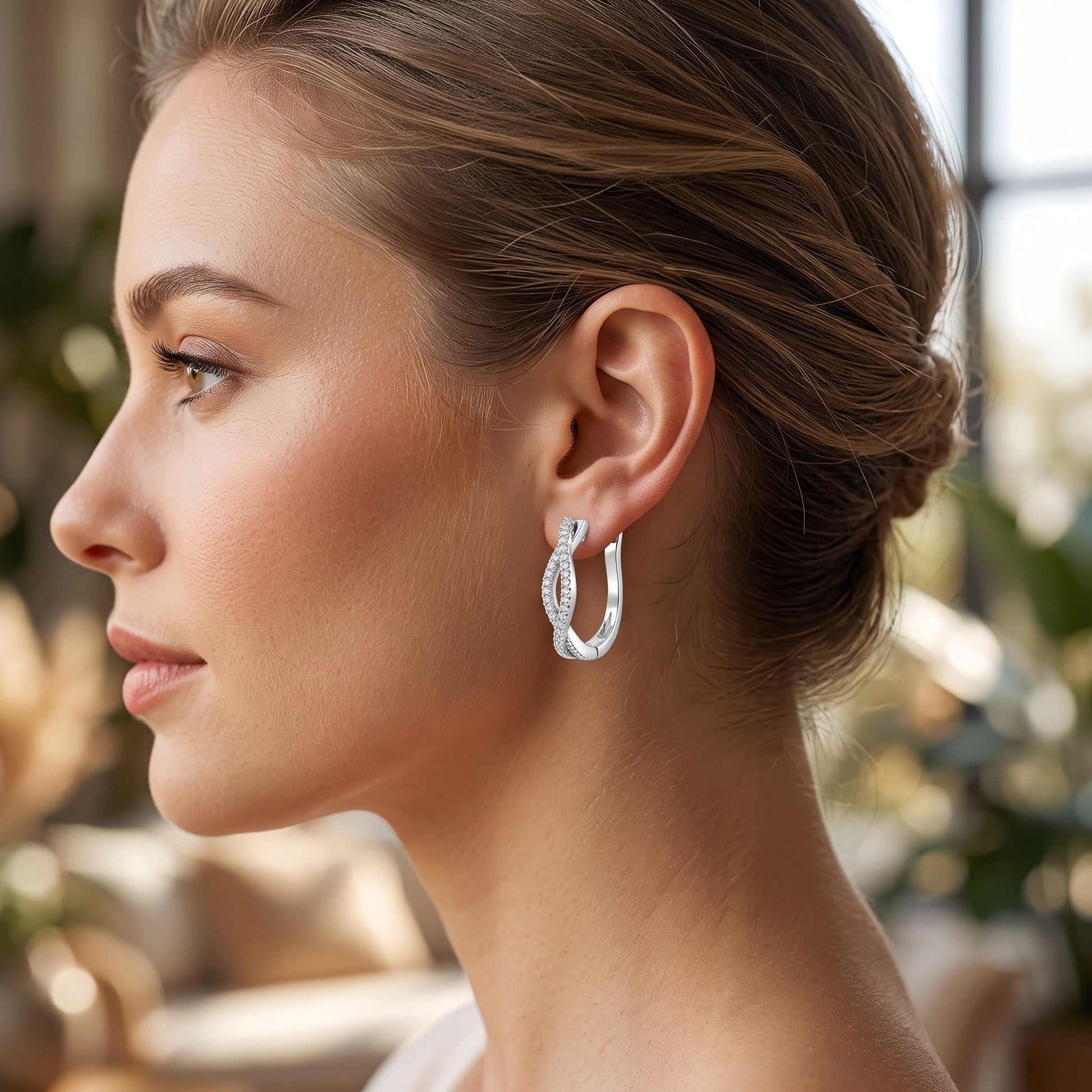 Sterling Silver Clear CZ Twist Hoop Earrings for Women with CZ, Sterling Hoops, Dainty Everyday Jewelry Gift view 4