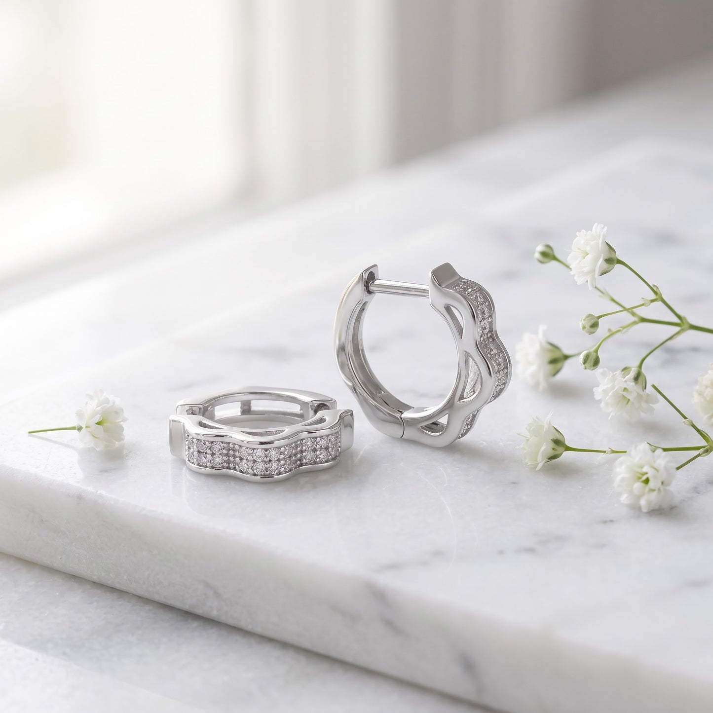 Sterling Silver 8mm Hoop Earrings for Women, 3mm Curvy Clear CZ Endless Hoops, Everyday Jewelry Gift view 1