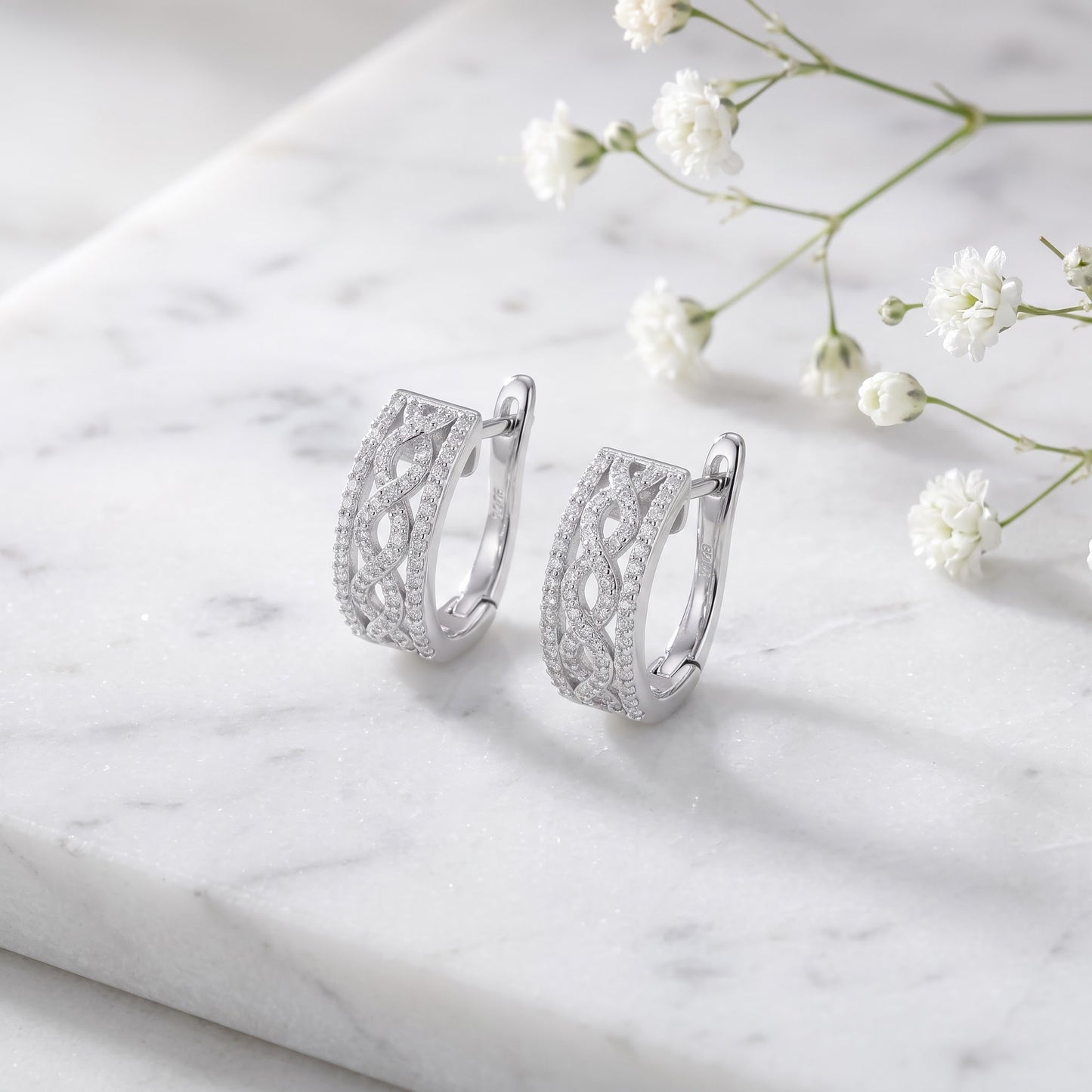 Sterling Silver Clear CZ Twist Hoop Earrings for Women with CZ, Sterling Hoops, Dainty Everyday Jewelry Gift view 1