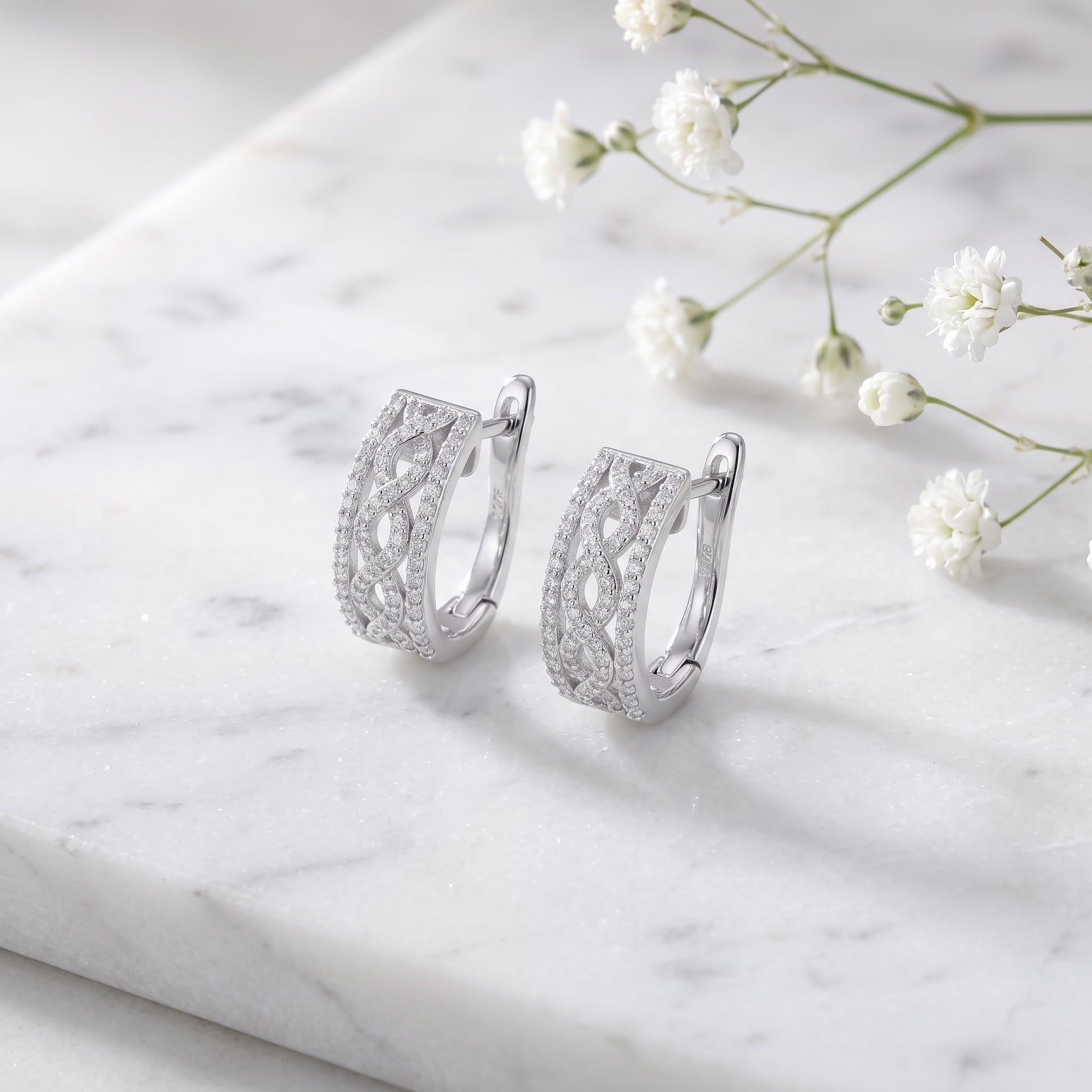 Sterling Silver Clear CZ Twist Hoop Earrings for Women with CZ, Sterling Hoops, Dainty Everyday Jewelry Gift view 1