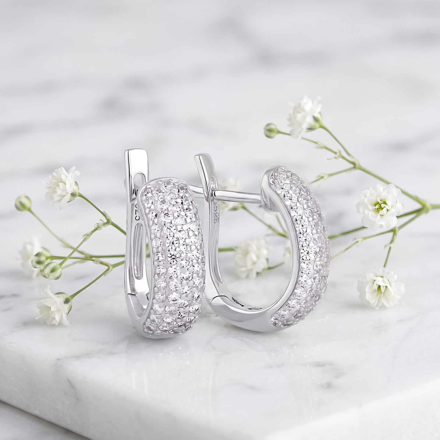 Sterling Silver Clear CZ Pave Hoop Earrings for Women with CZ, Sterling Hoops, Dainty Everyday Jewelry Gift view 1